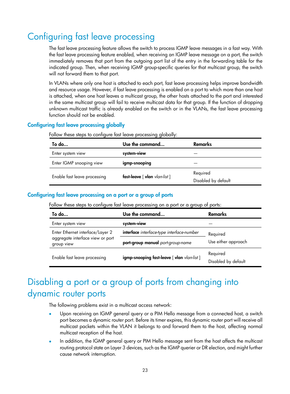 Configuring fast leave processing, Configuring fast leave processing globally | H3C Technologies H3C S3100V2 Series Switches User Manual | Page 31 / 111