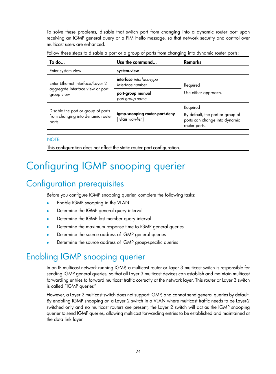 Configuring igmp snooping querier, Configuration prerequisites, Enabling igmp snooping querier | H3C Technologies H3C S3100V2 Series Switches User Manual | Page 32 / 111