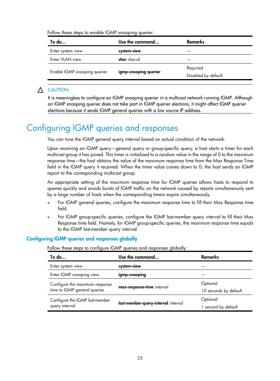 Configuring igmp queries and responses, Configuring igmp queries and responses globally | H3C Technologies H3C S3100V2 Series Switches User Manual | Page 33 / 111