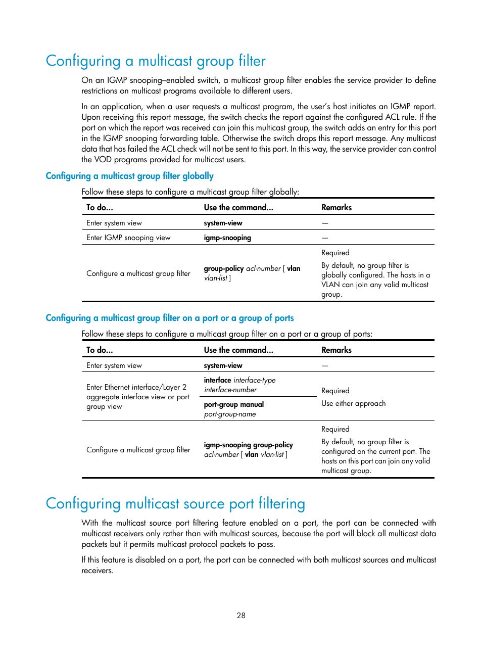 Configuring a multicast group filter, Configuring a multicast group filter globally, Configuring multicast source port filtering | H3C Technologies H3C S3100V2 Series Switches User Manual | Page 36 / 111