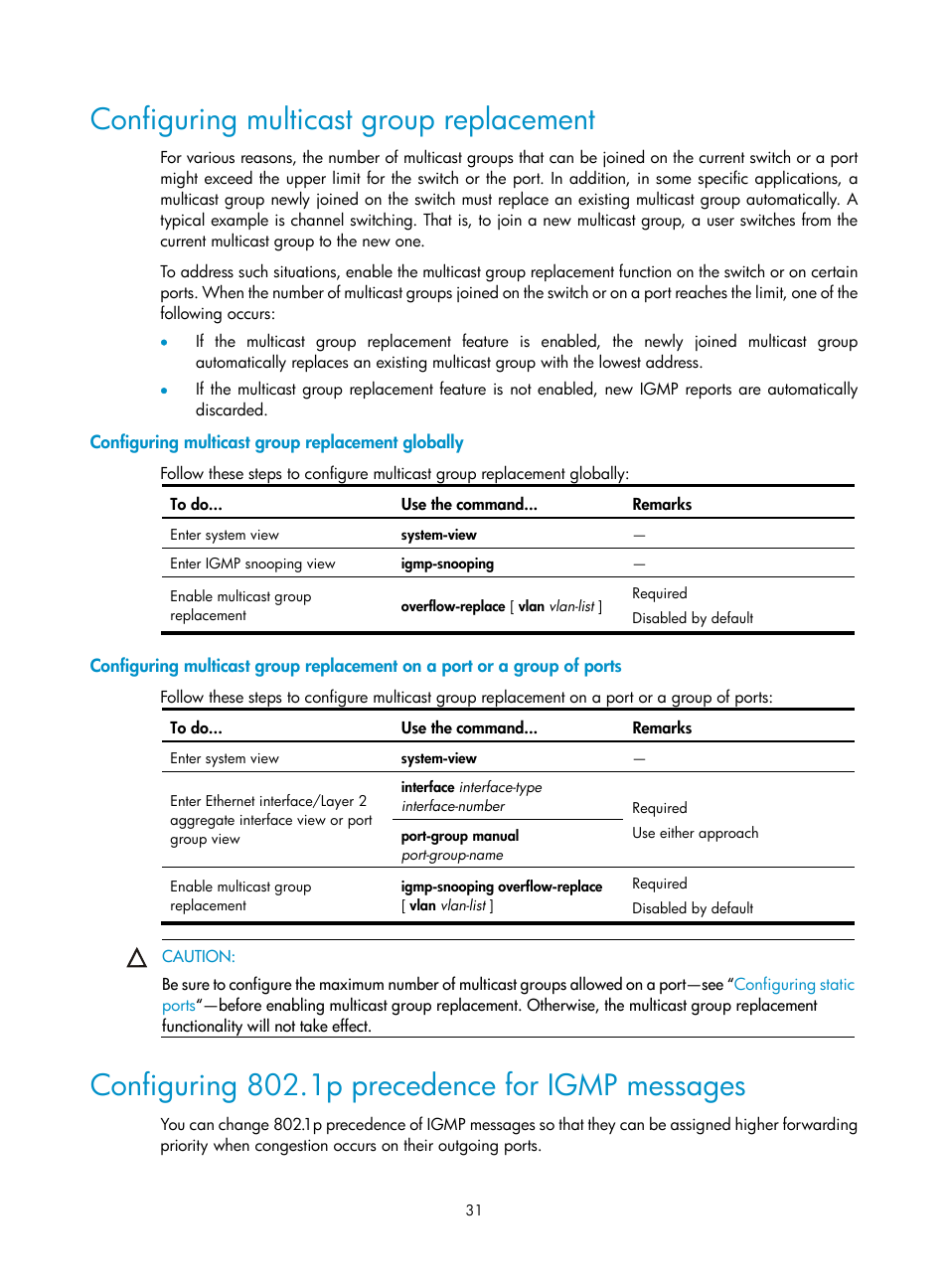 Configuring multicast group replacement, Configuring multicast group replacement globally, Configuring 802.1p precedence for igmp messages | H3C Technologies H3C S3100V2 Series Switches User Manual | Page 39 / 111