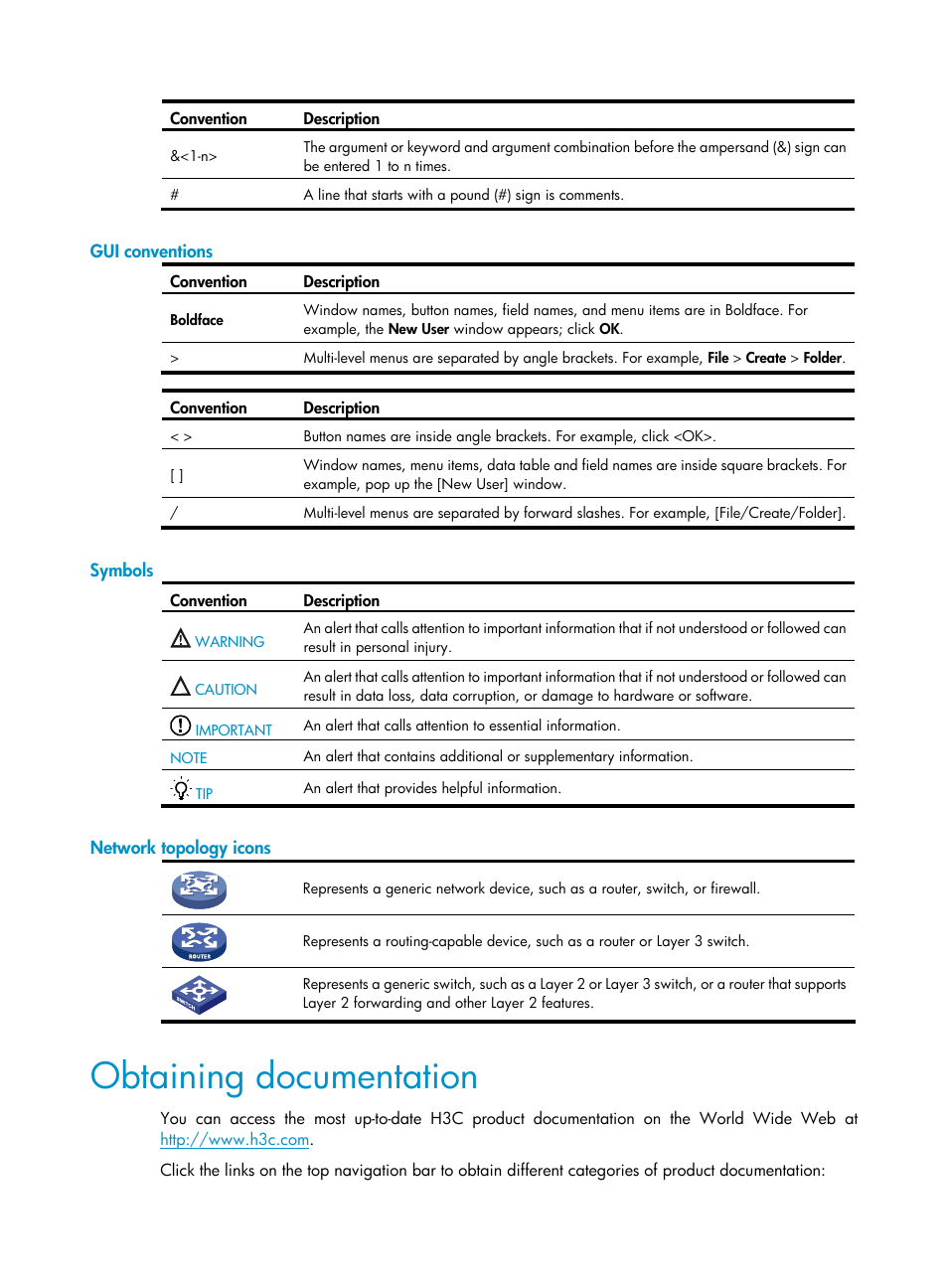 Gui conventions, Symbols, Network topology icons | Obtaining documentation | H3C Technologies H3C S3100V2 Series Switches User Manual | Page 4 / 111
