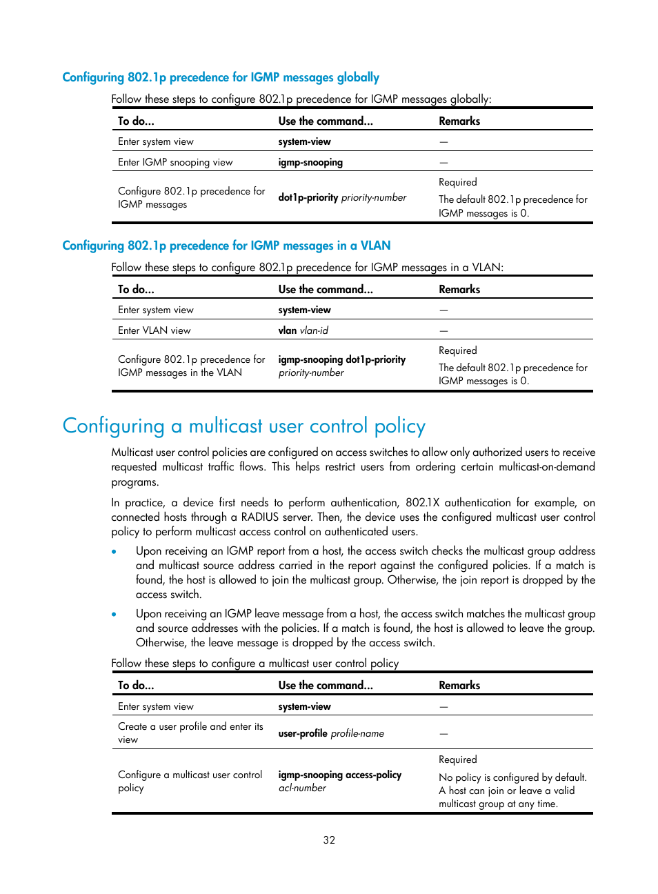 Configuring a multicast user control policy | H3C Technologies H3C S3100V2 Series Switches User Manual | Page 40 / 111