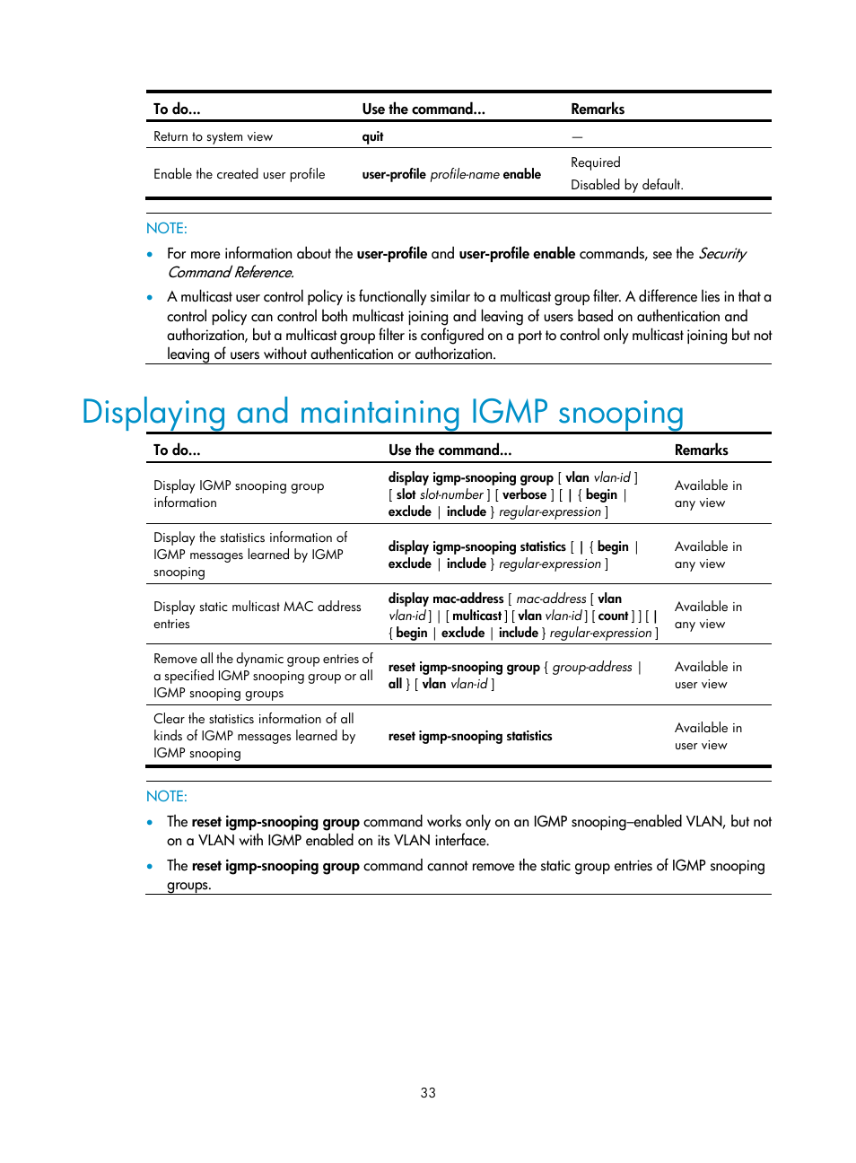 Displaying and maintaining igmp snooping | H3C Technologies H3C S3100V2 Series Switches User Manual | Page 41 / 111