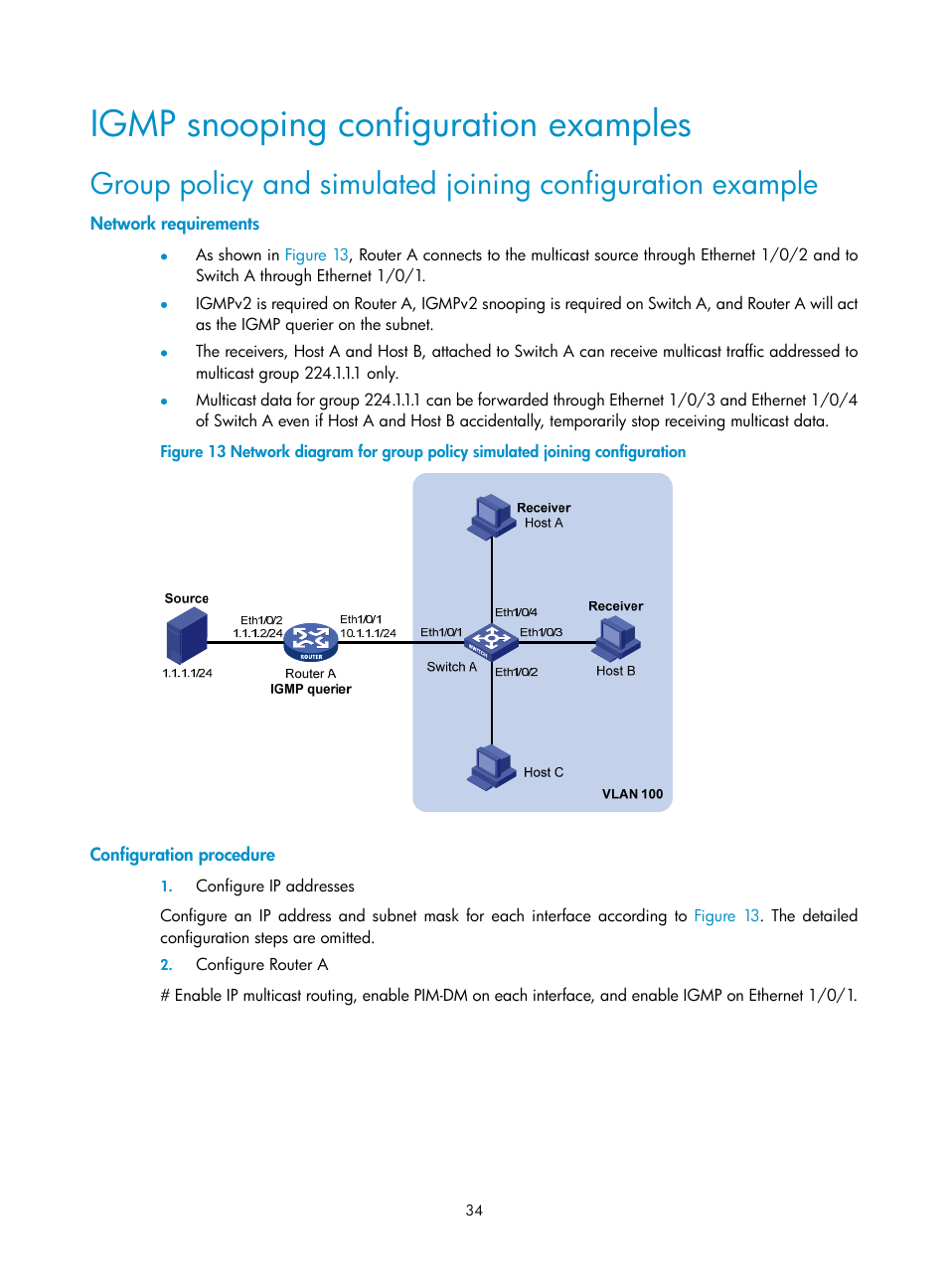 Igmp snooping configuration examples, Network requirements, Configuration procedure | H3C Technologies H3C S3100V2 Series Switches User Manual | Page 42 / 111