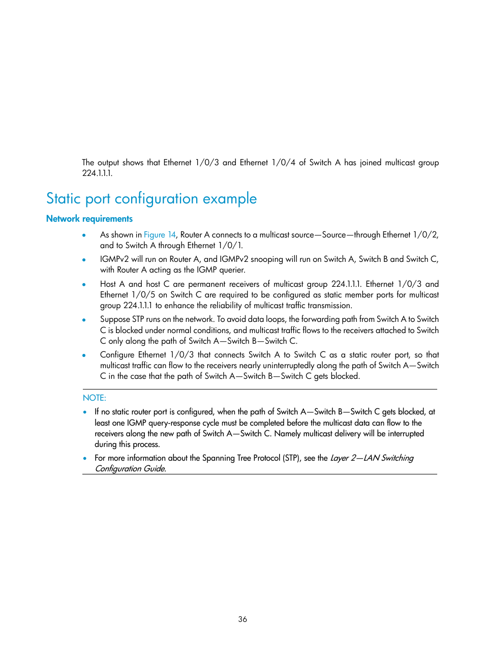 Static port configuration example, Network requirements | H3C Technologies H3C S3100V2 Series Switches User Manual | Page 44 / 111