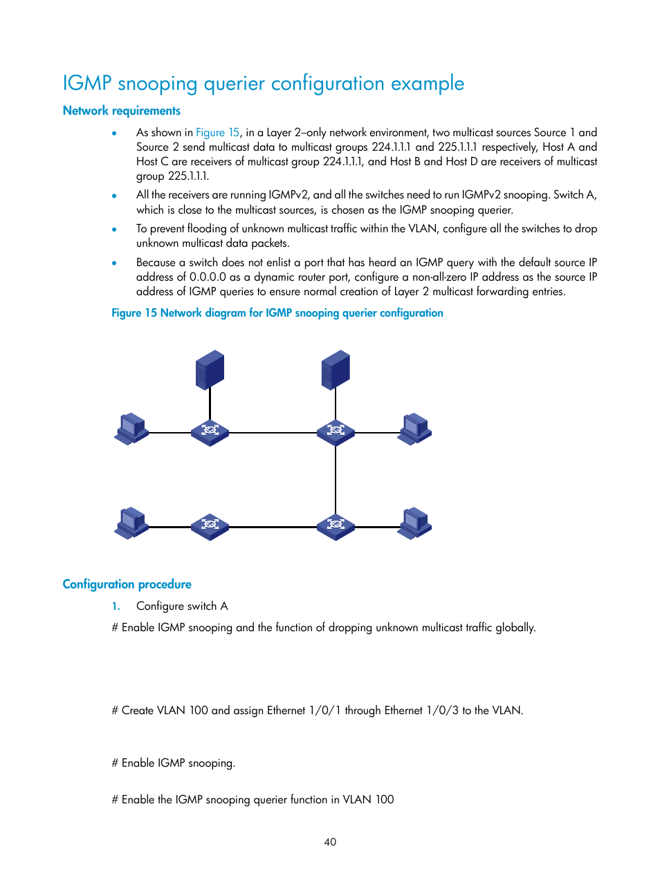 Igmp snooping querier configuration example, Network requirements, Configuration procedure | H3C Technologies H3C S3100V2 Series Switches User Manual | Page 48 / 111