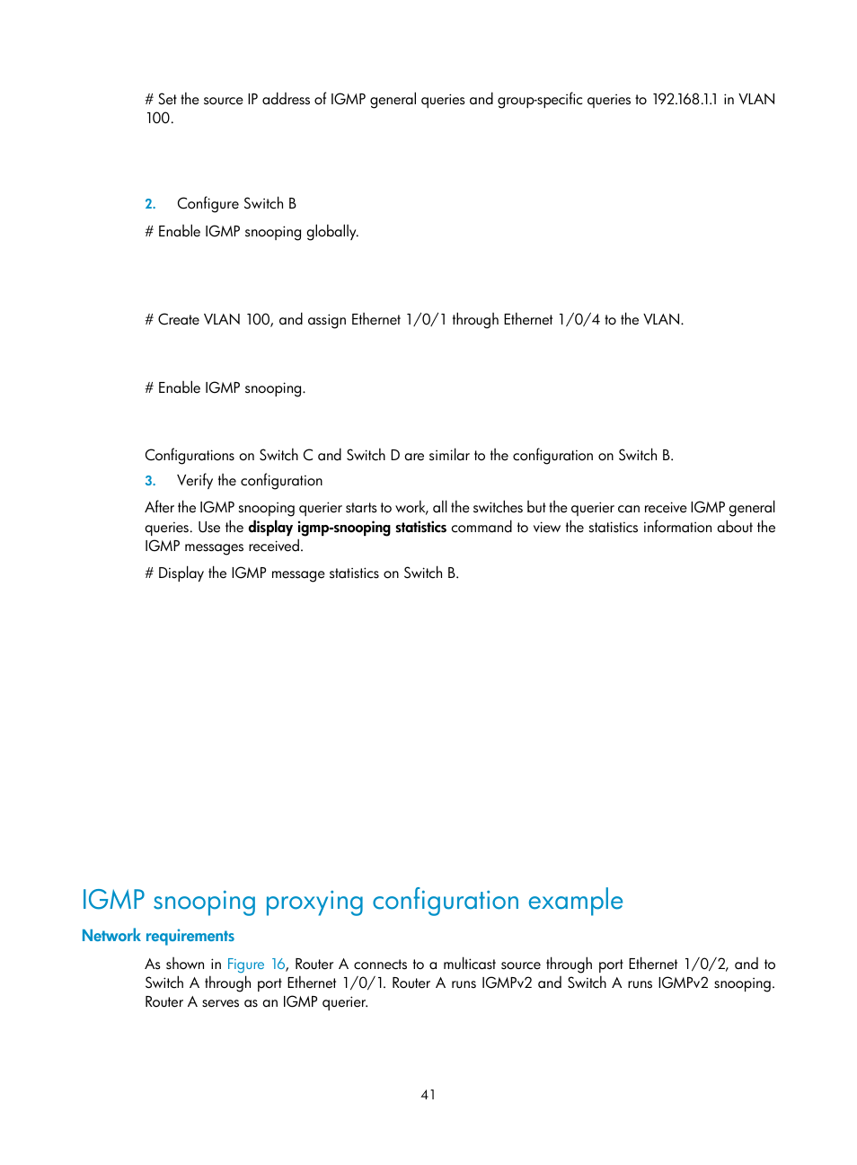 Igmp snooping proxying configuration example, Network requirements | H3C Technologies H3C S3100V2 Series Switches User Manual | Page 49 / 111