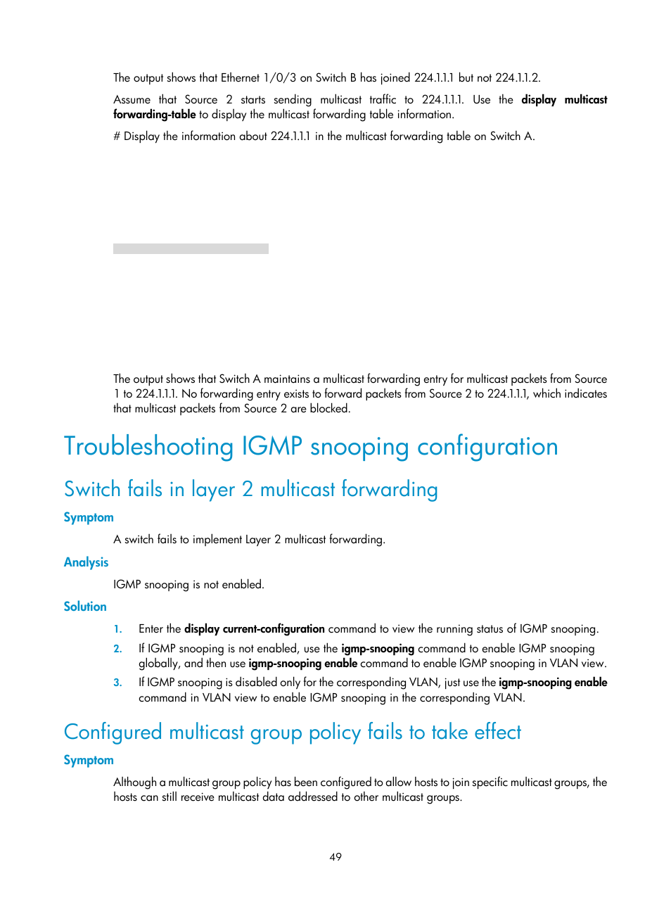 Troubleshooting igmp snooping configuration, Switch fails in layer 2 multicast forwarding, Symptom | Analysis, Solution | H3C Technologies H3C S3100V2 Series Switches User Manual | Page 57 / 111