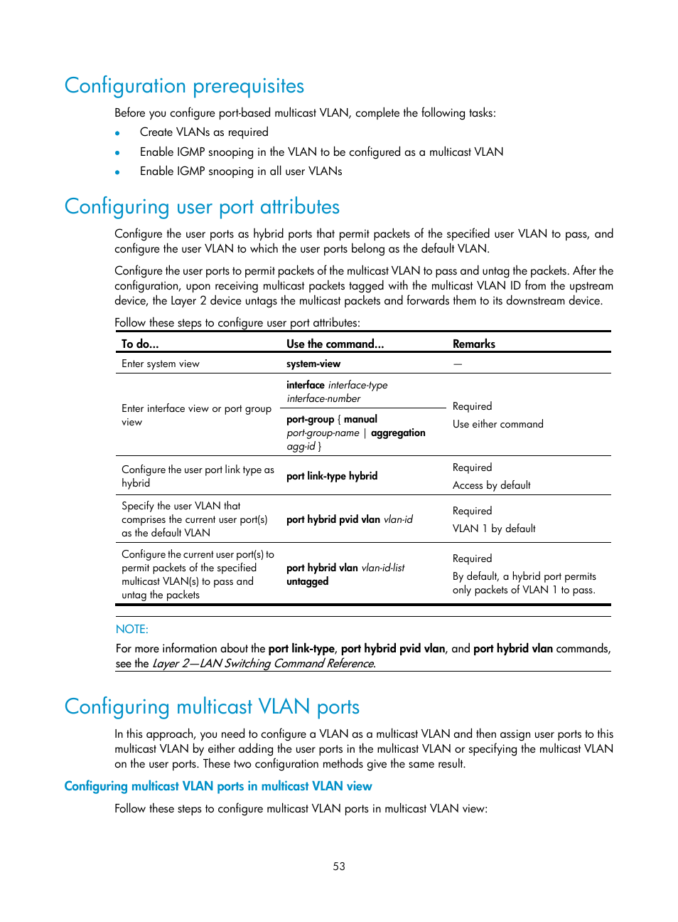 Configuration prerequisites, Configuring user port attributes, Configuring multicast vlan ports | H3C Technologies H3C S3100V2 Series Switches User Manual | Page 61 / 111