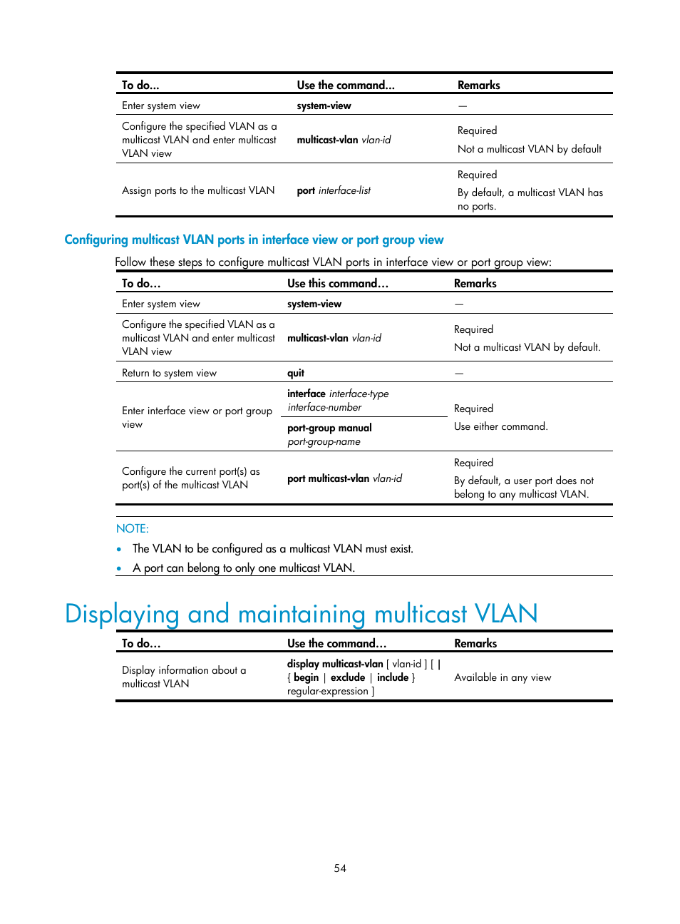 Displaying and maintaining multicast vlan | H3C Technologies H3C S3100V2 Series Switches User Manual | Page 62 / 111