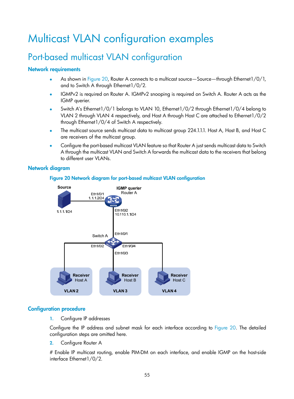 Multicast vlan configuration examples, Port-based multicast vlan configuration, Network requirements | Network diagram, Configuration procedure | H3C Technologies H3C S3100V2 Series Switches User Manual | Page 63 / 111