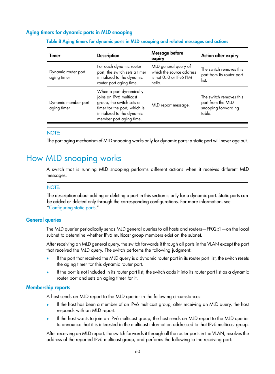 Aging timers for dynamic ports in mld snooping, How mld snooping works, General queries | Membership reports | H3C Technologies H3C S3100V2 Series Switches User Manual | Page 68 / 111