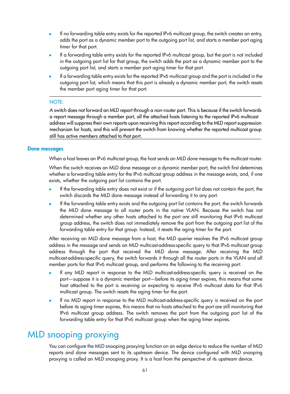 Done messages, Mld snooping proxying | H3C Technologies H3C S3100V2 Series Switches User Manual | Page 69 / 111