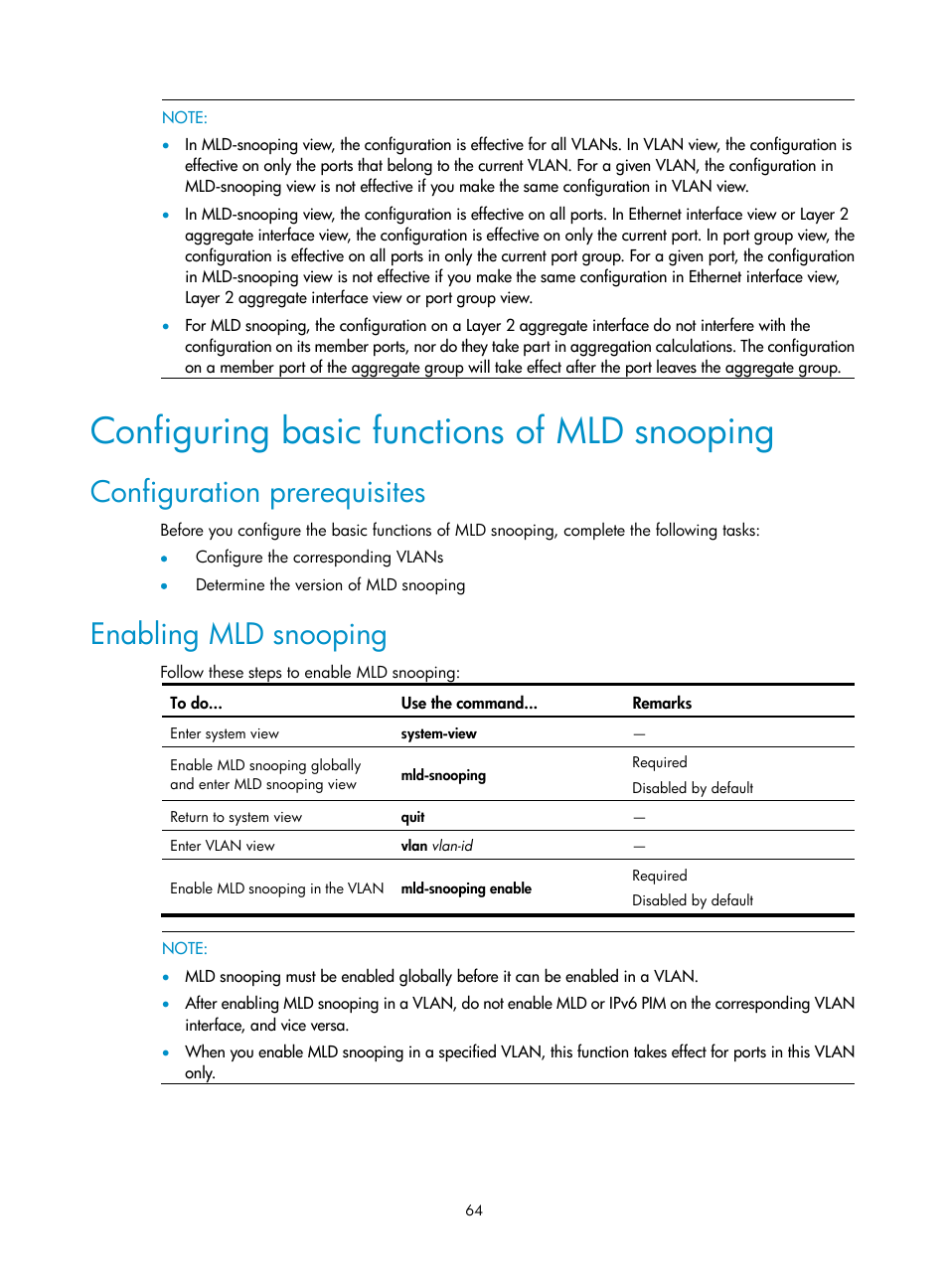 Configuring basic functions of mld snooping, Configuration prerequisites, Enabling mld snooping | H3C Technologies H3C S3100V2 Series Switches User Manual | Page 72 / 111