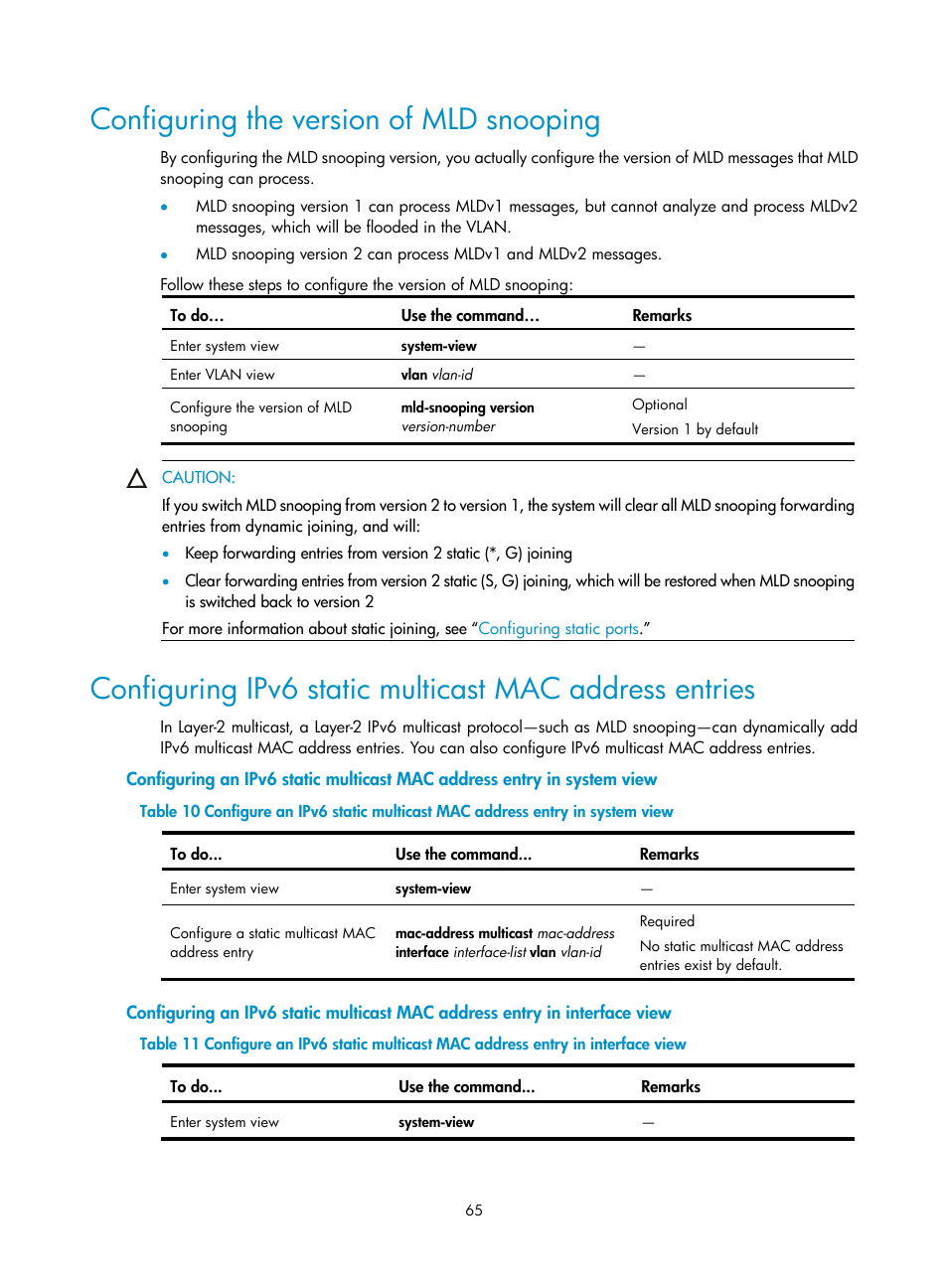 Configuring the version of mld snooping | H3C Technologies H3C S3100V2 Series Switches User Manual | Page 73 / 111