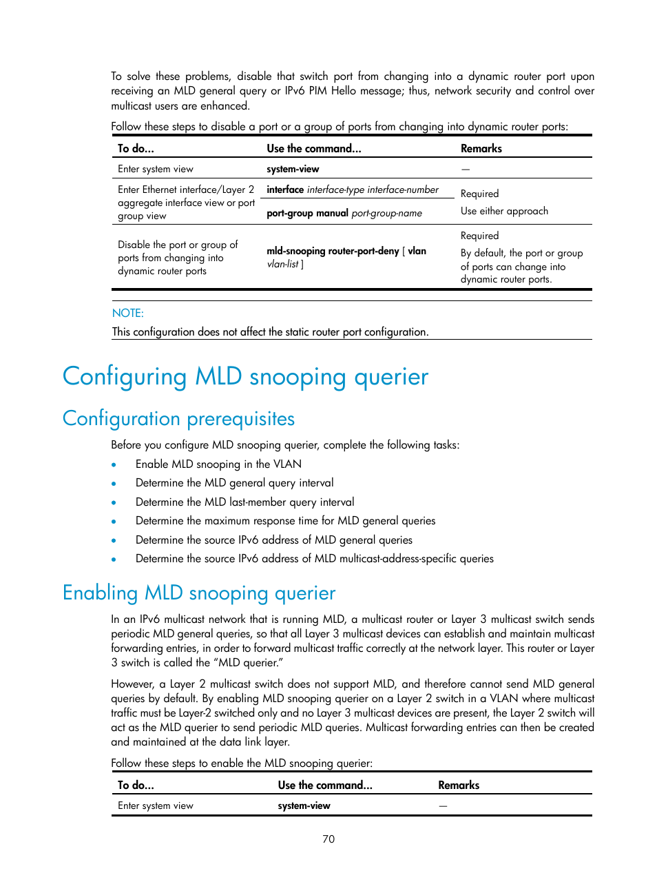 Configuring mld snooping querier, Configuration prerequisites, Enabling mld snooping querier | H3C Technologies H3C S3100V2 Series Switches User Manual | Page 78 / 111