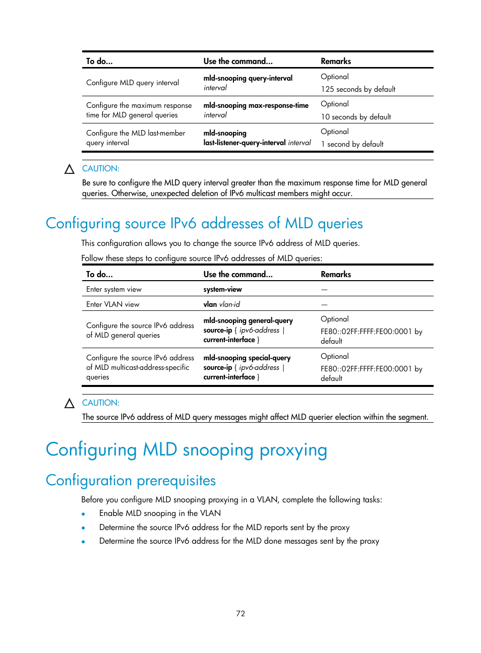 Configuring source ipv6 addresses of mld queries, Configuring mld snooping proxying, Configuration prerequisites | H3C Technologies H3C S3100V2 Series Switches User Manual | Page 80 / 111