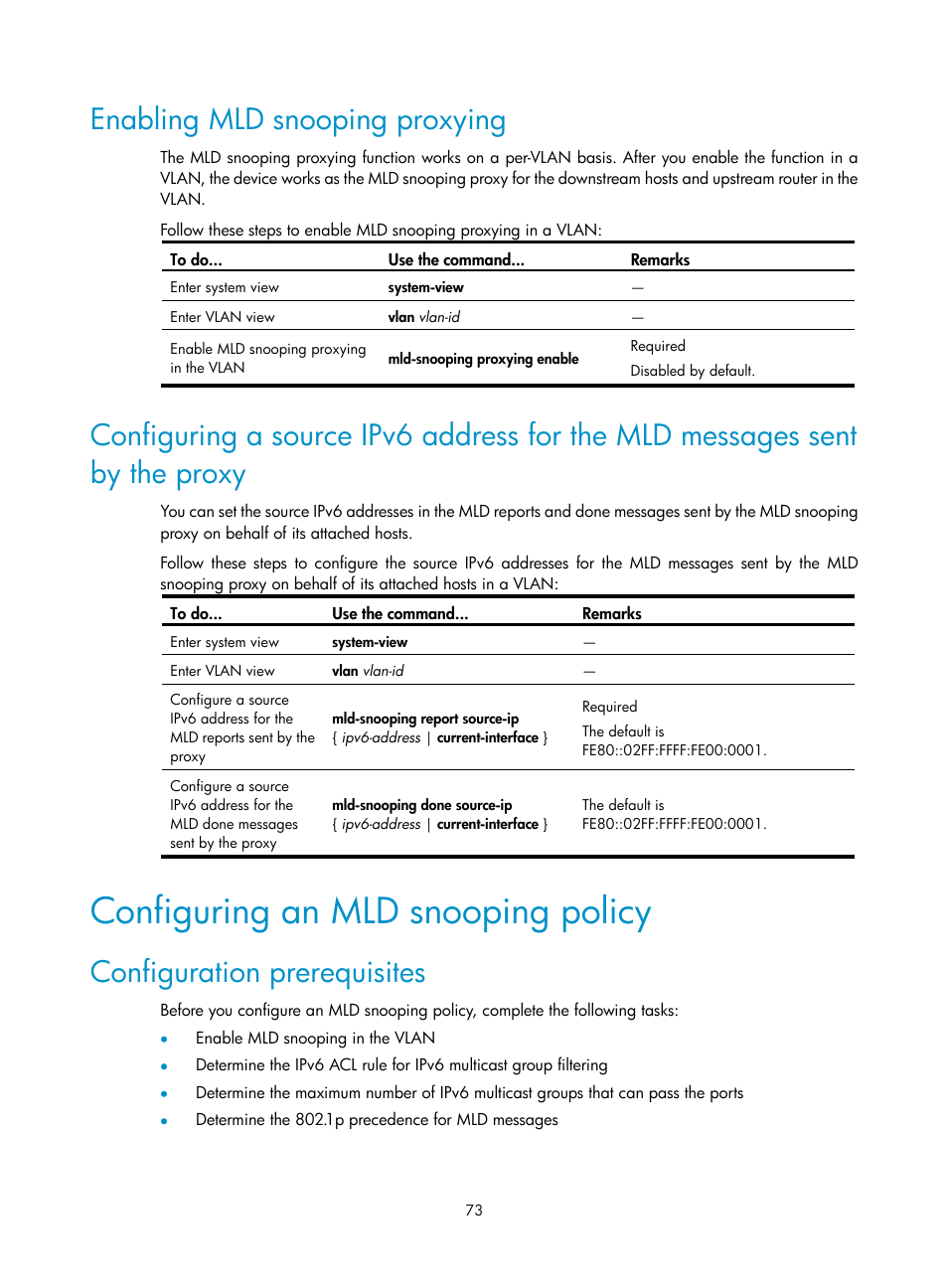 Enabling mld snooping proxying, Configuring an mld snooping policy, Configuration prerequisites | H3C Technologies H3C S3100V2 Series Switches User Manual | Page 81 / 111