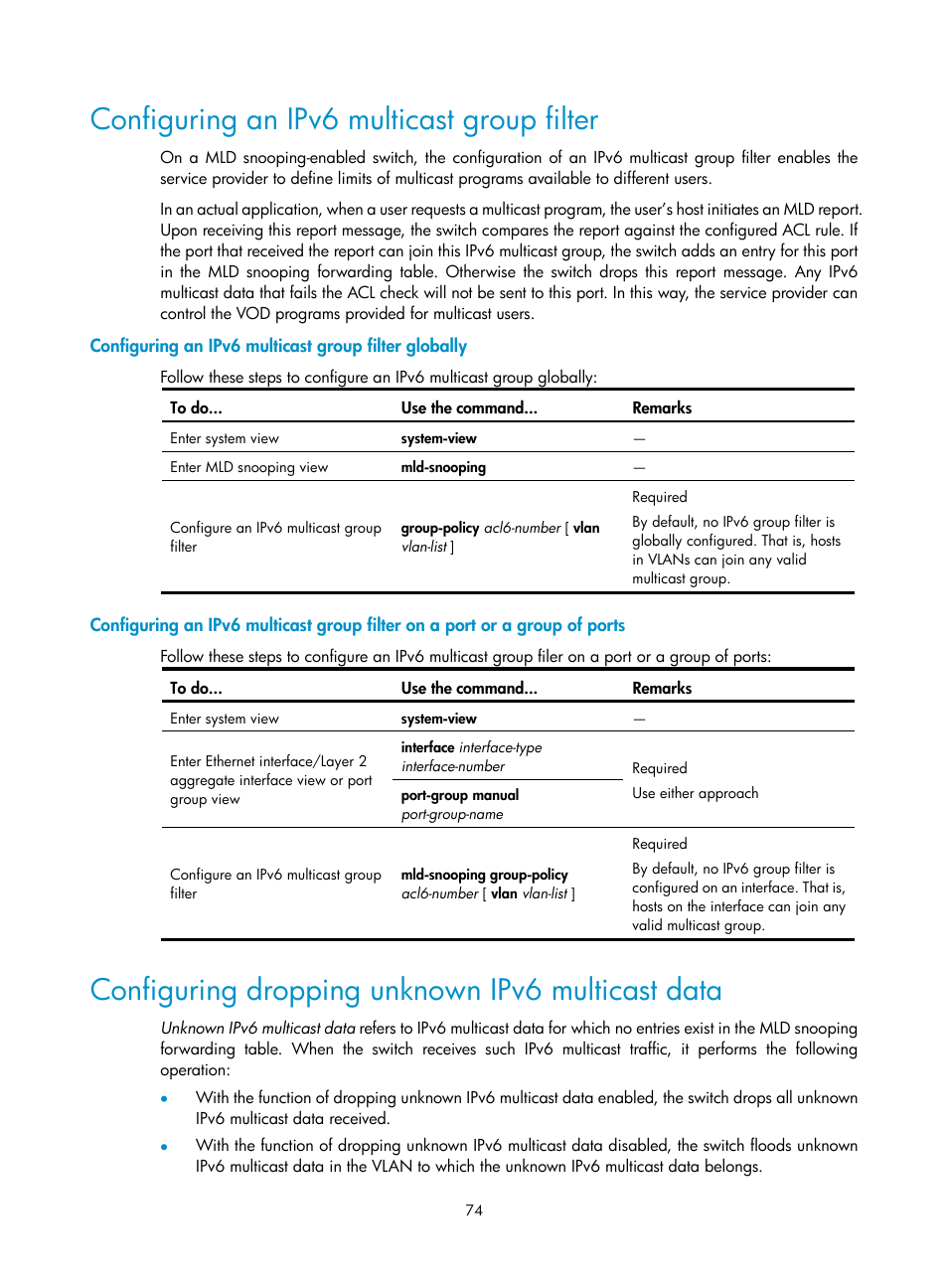 Configuring an ipv6 multicast group filter, Configuring dropping unknown ipv6 multicast data | H3C Technologies H3C S3100V2 Series Switches User Manual | Page 82 / 111