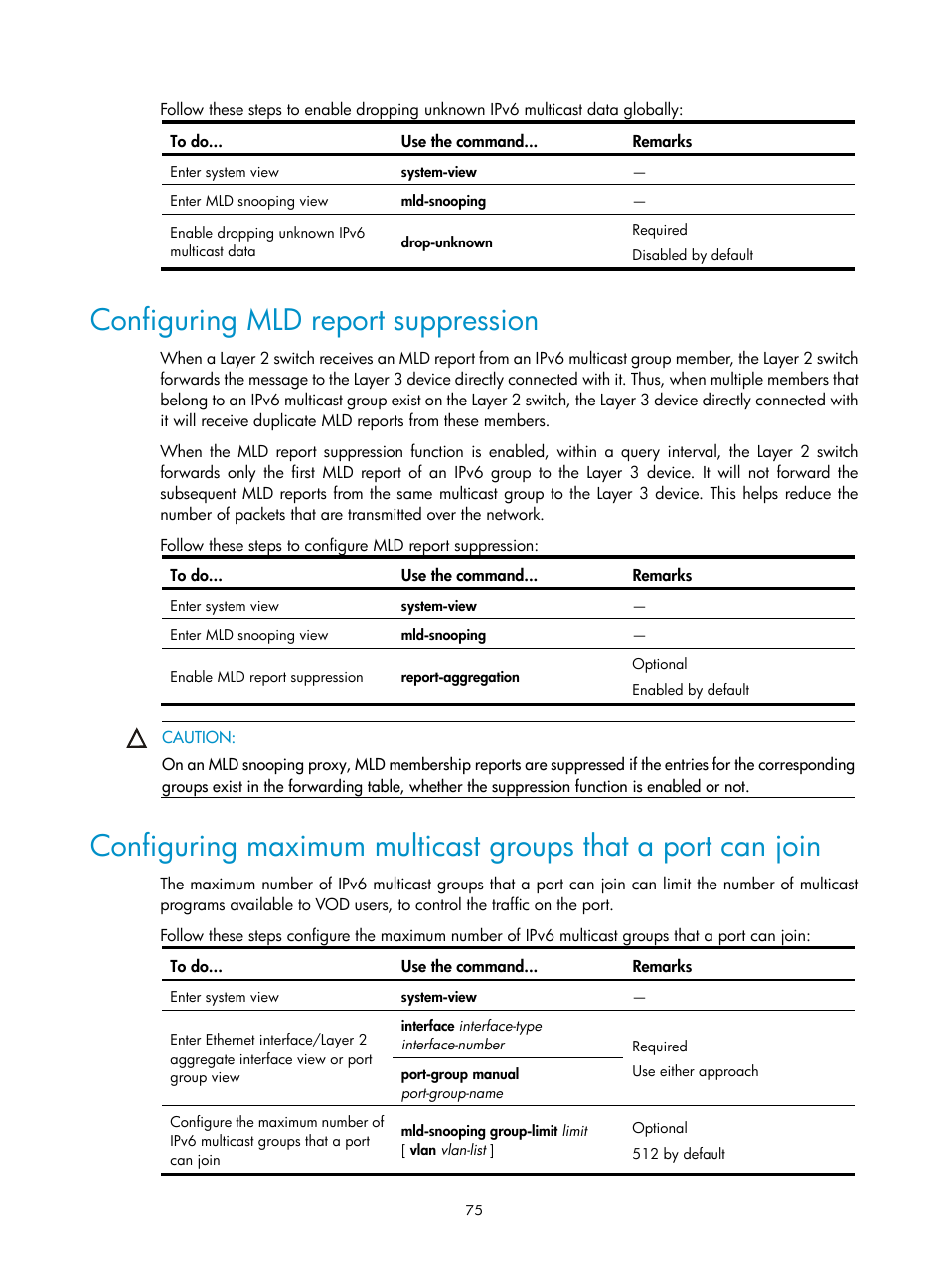 Configuring mld report suppression | H3C Technologies H3C S3100V2 Series Switches User Manual | Page 83 / 111