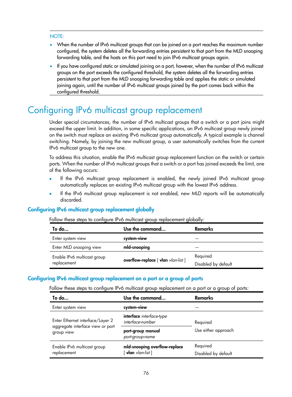 Configuring ipv6 multicast group replacement | H3C Technologies H3C S3100V2 Series Switches User Manual | Page 84 / 111
