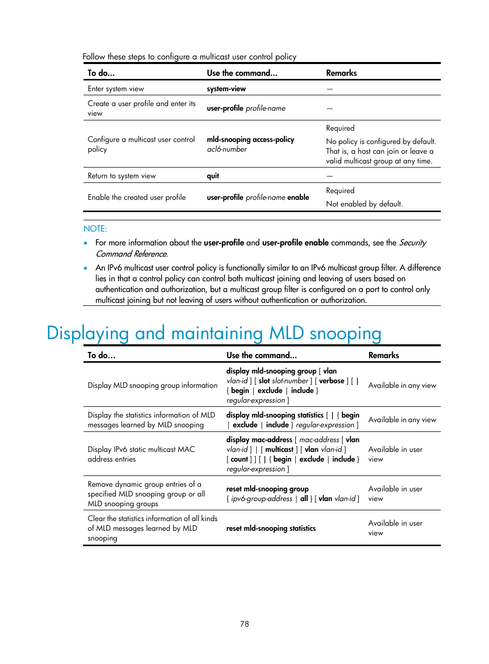 Displaying and maintaining mld snooping | H3C Technologies H3C S3100V2 Series Switches User Manual | Page 86 / 111