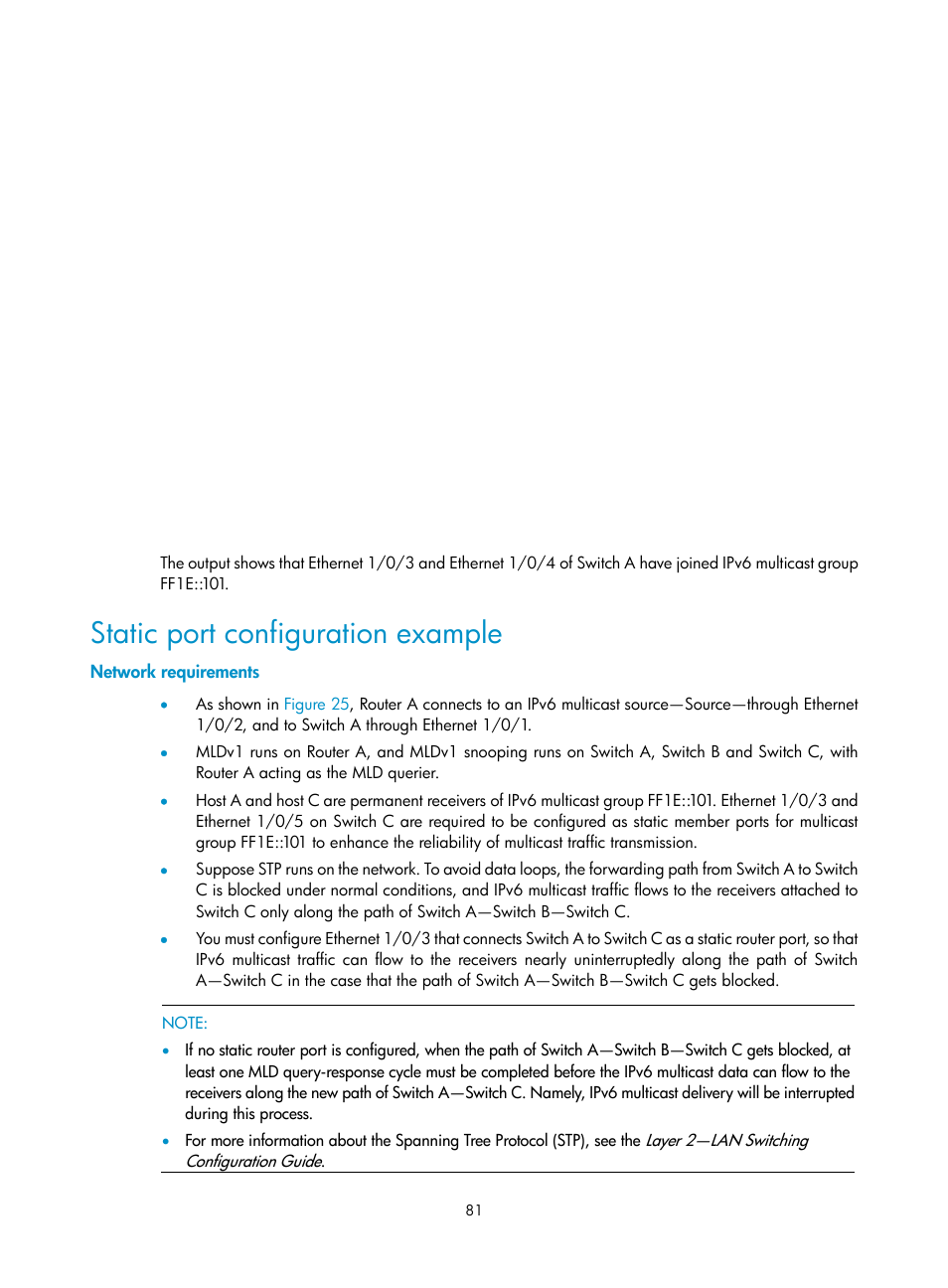 Static port configuration example, Network requirements | H3C Technologies H3C S3100V2 Series Switches User Manual | Page 89 / 111