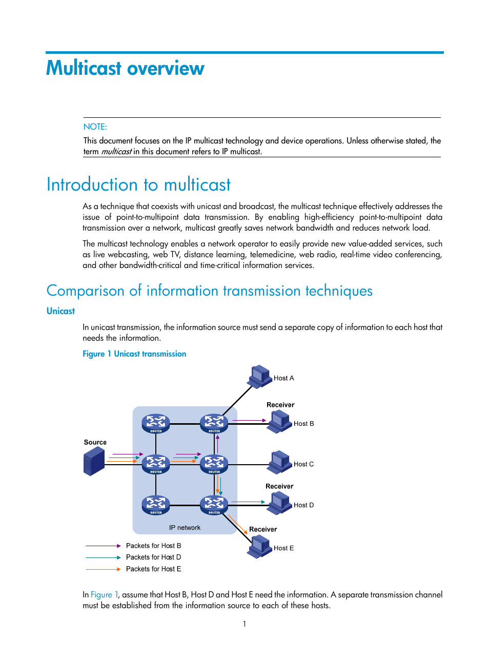 Multicast overview, Introduction to multicast, Comparison of information transmission techniques | Unicast | H3C Technologies H3C S3100V2 Series Switches User Manual | Page 9 / 111