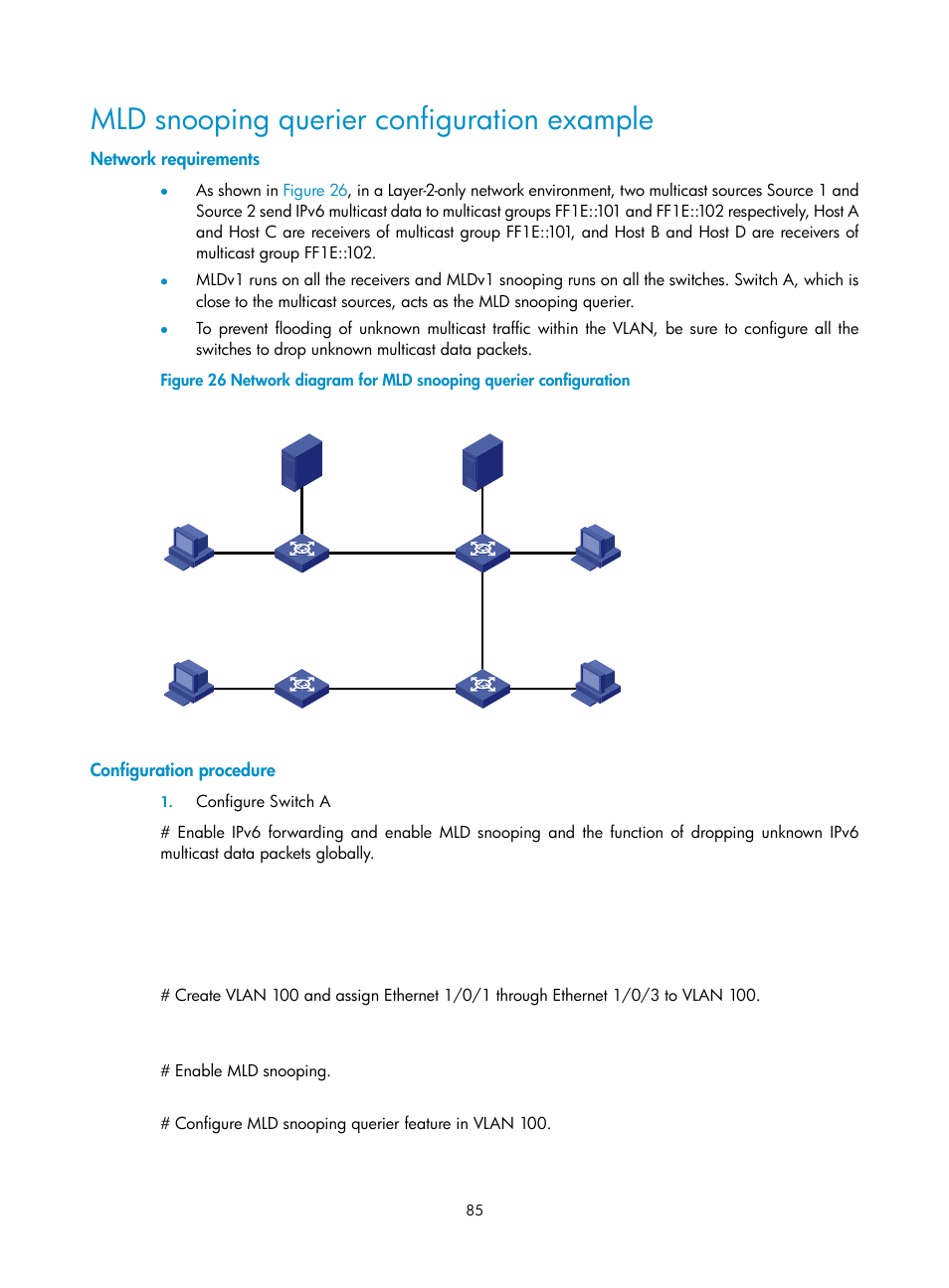 Mld snooping querier configuration example, Network requirements, Configuration procedure | H3C Technologies H3C S3100V2 Series Switches User Manual | Page 93 / 111