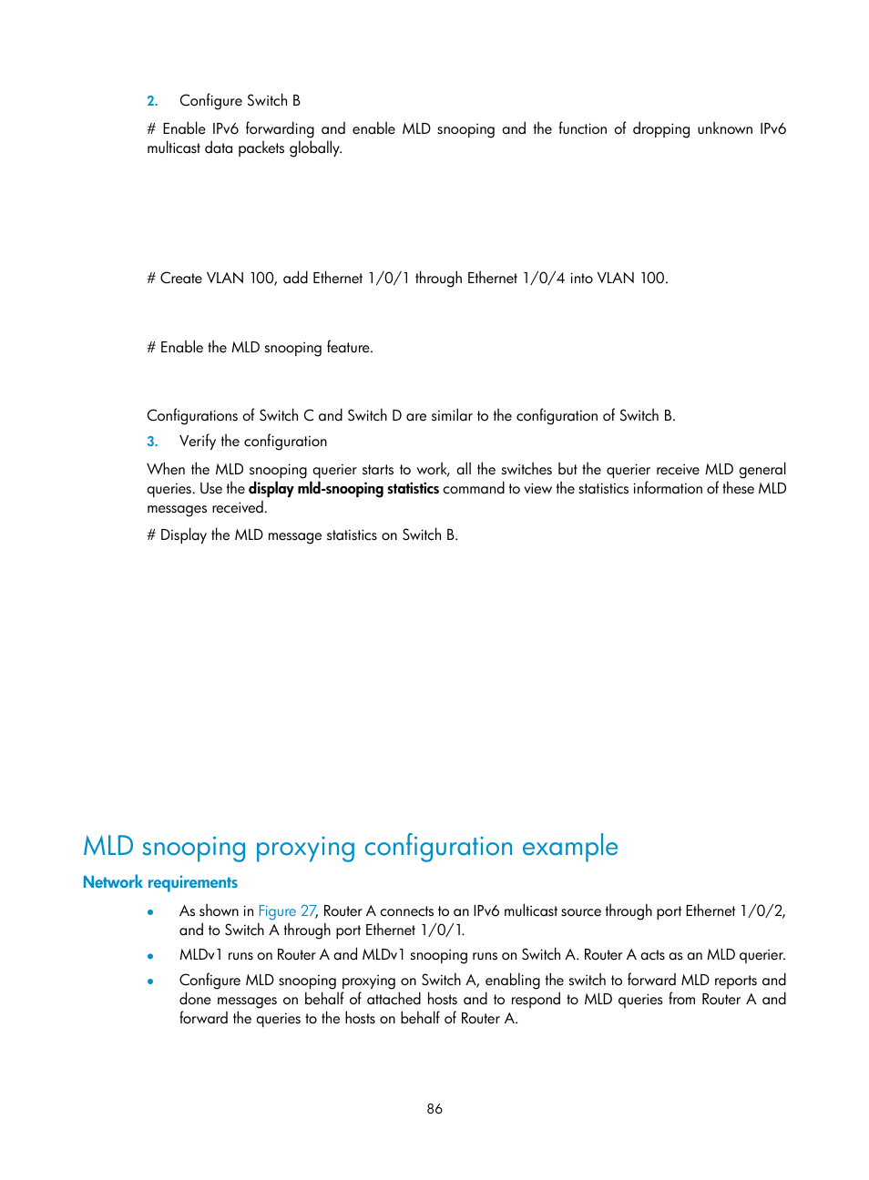 Mld snooping proxying configuration example, Network requirements | H3C Technologies H3C S3100V2 Series Switches User Manual | Page 94 / 111