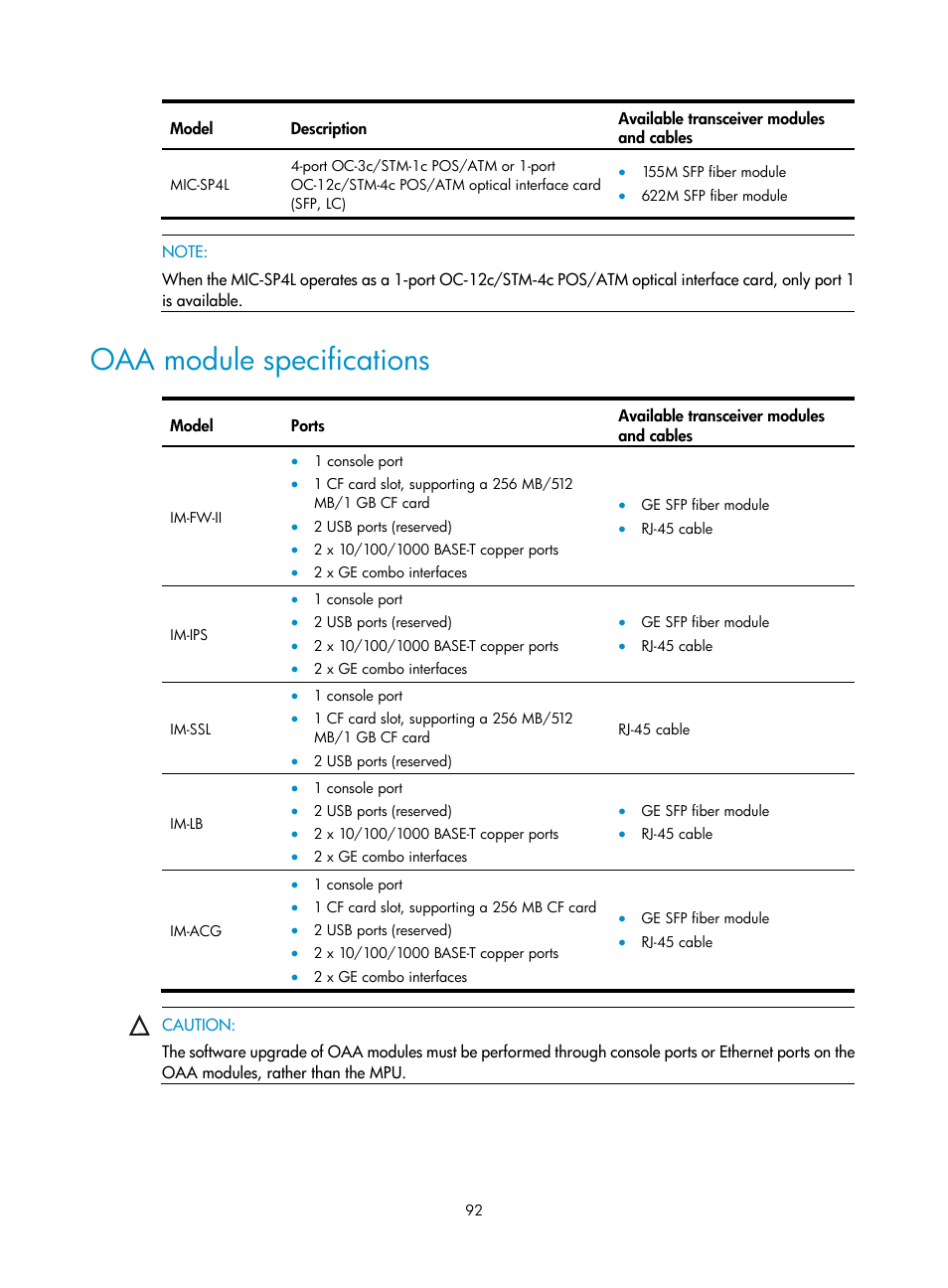Oaa module specifications | H3C Technologies H3C SR8800 User Manual | Page 102 / 135