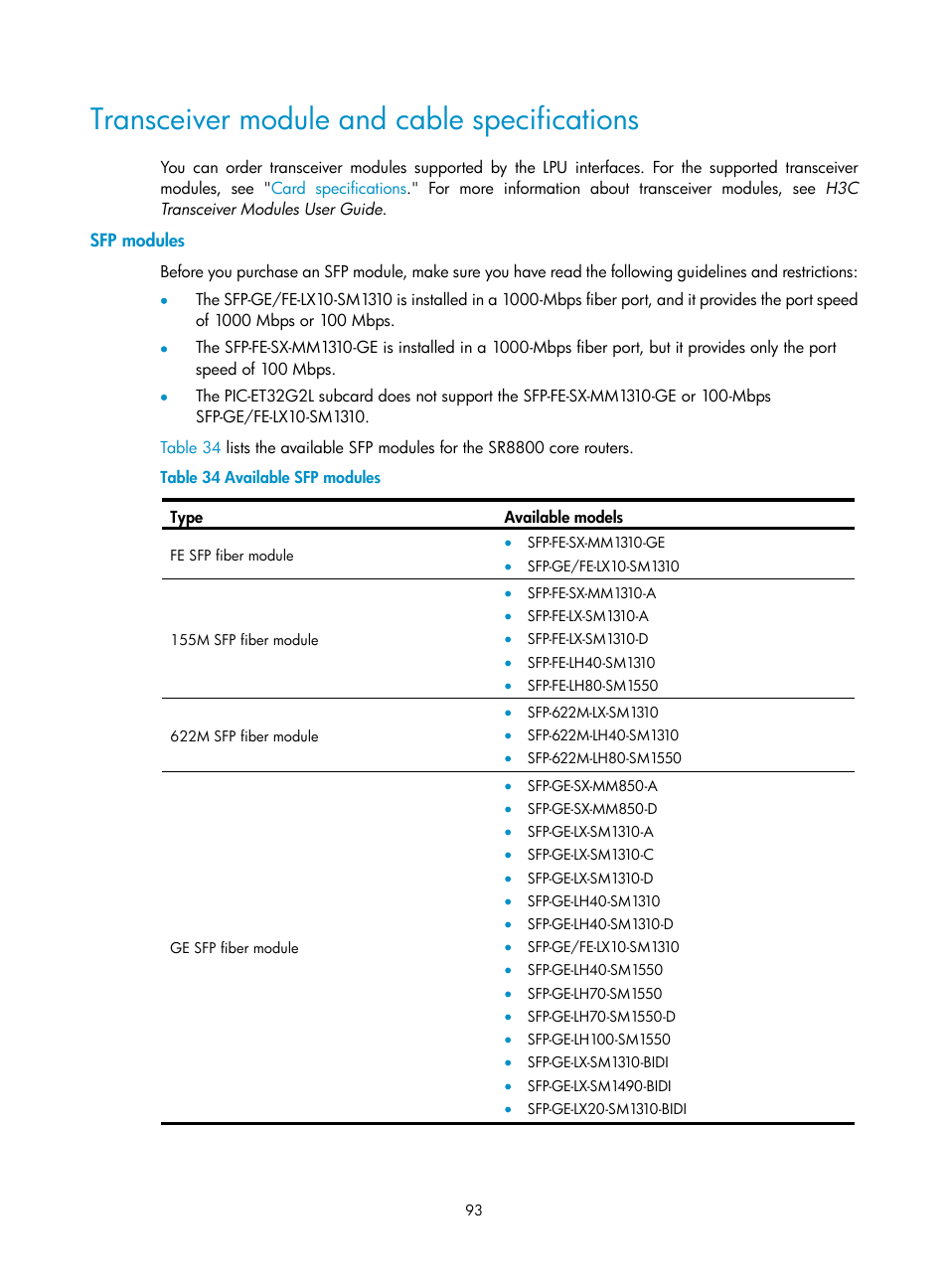 Transceiver module and cable specifications, Sfp modules | H3C Technologies H3C SR8800 User Manual | Page 103 / 135