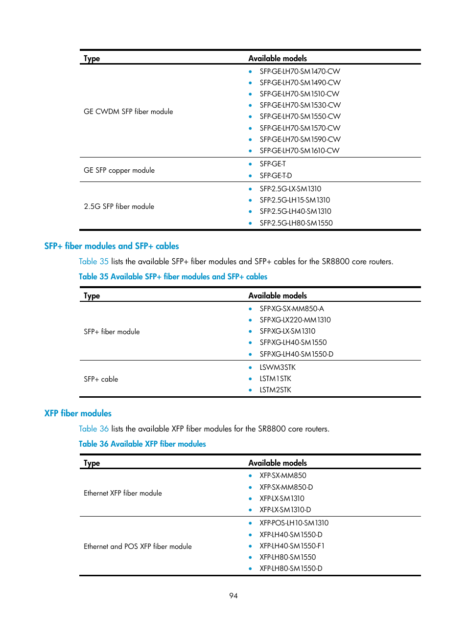 Sfp+ fiber modules and sfp+ cables, Xfp fiber modules | H3C Technologies H3C SR8800 User Manual | Page 104 / 135