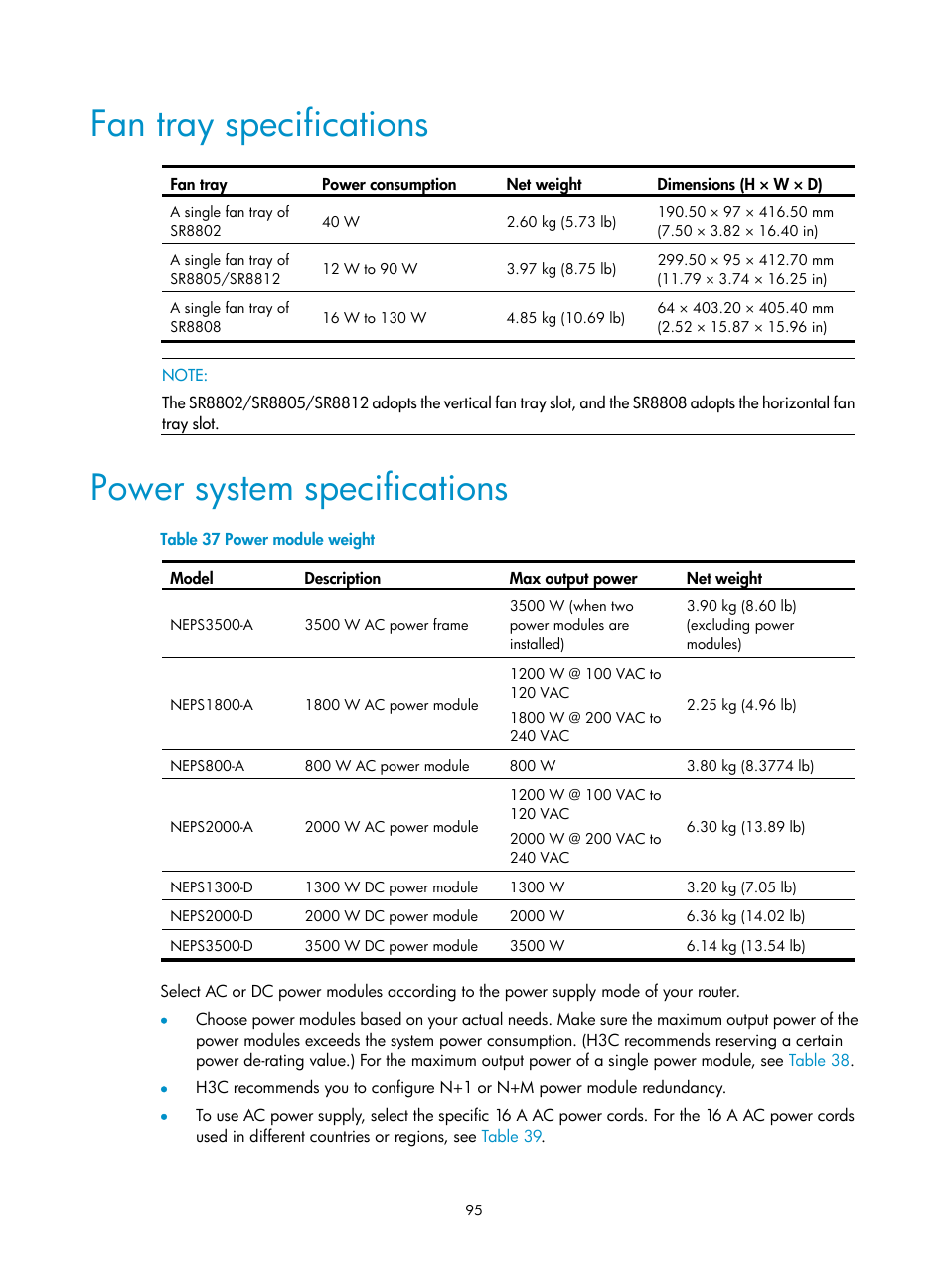 Fan tray specifications, Power system specifications | H3C Technologies H3C SR8800 User Manual | Page 105 / 135