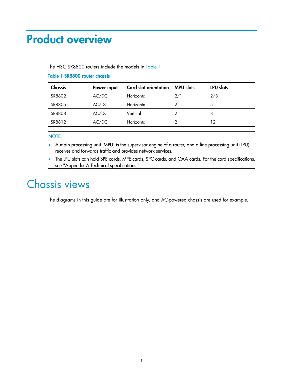 Product overview, Chassis views | H3C Technologies H3C SR8800 User Manual | Page 11 / 135