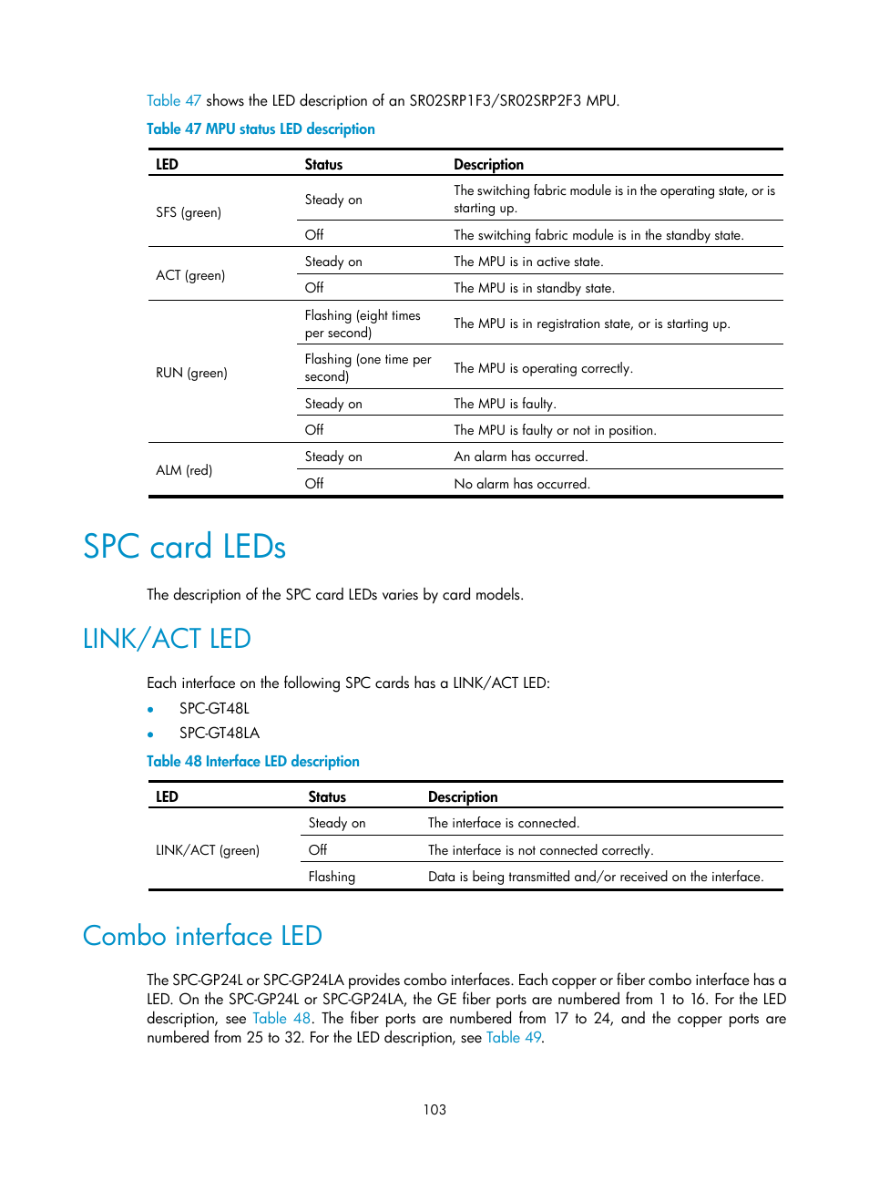 Spc card leds, Link/act led, Combo interface led | H3C Technologies H3C SR8800 User Manual | Page 113 / 135