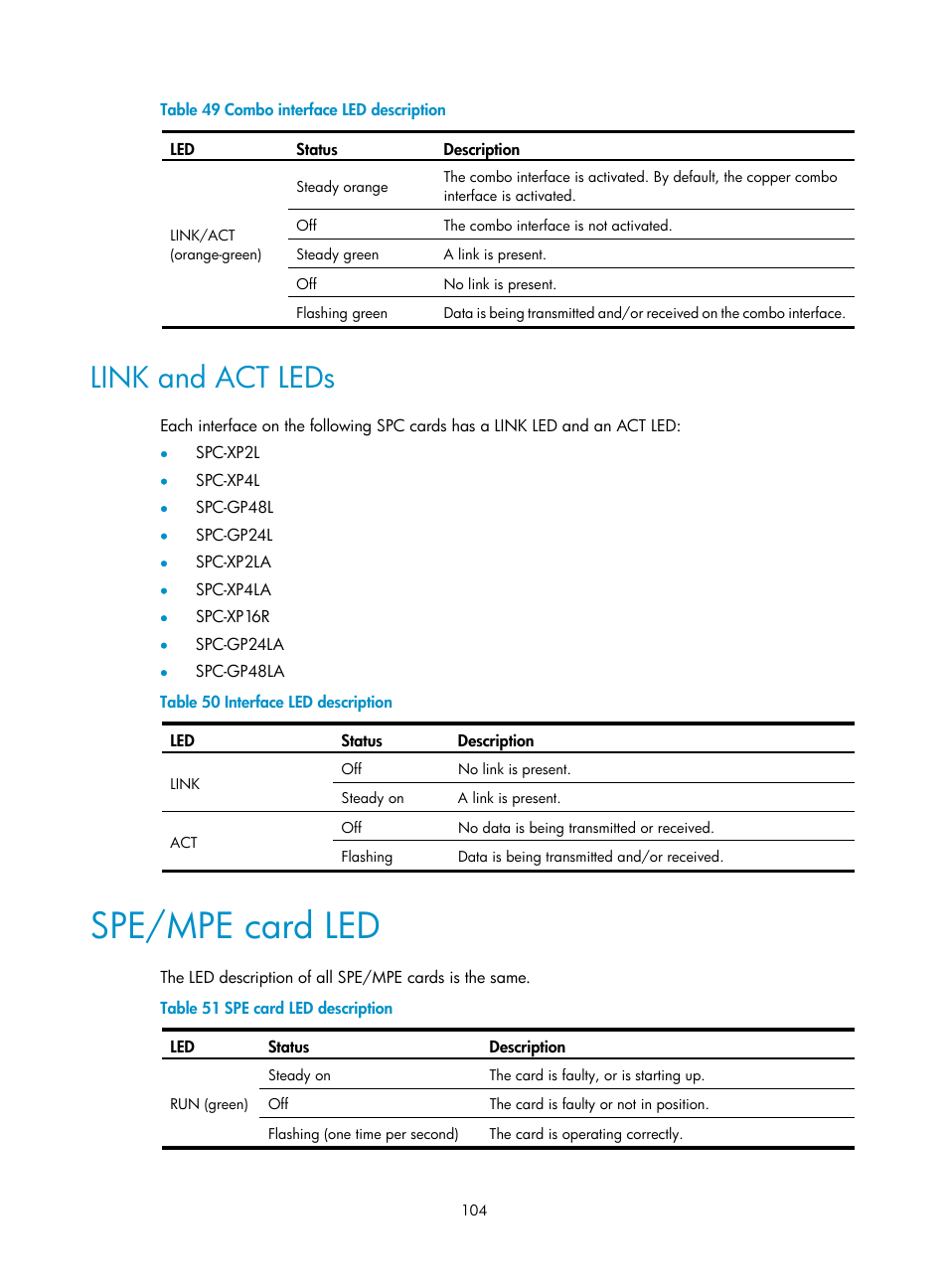 Link and act leds, Spe/mpe card led, Table 49 | H3C Technologies H3C SR8800 User Manual | Page 114 / 135