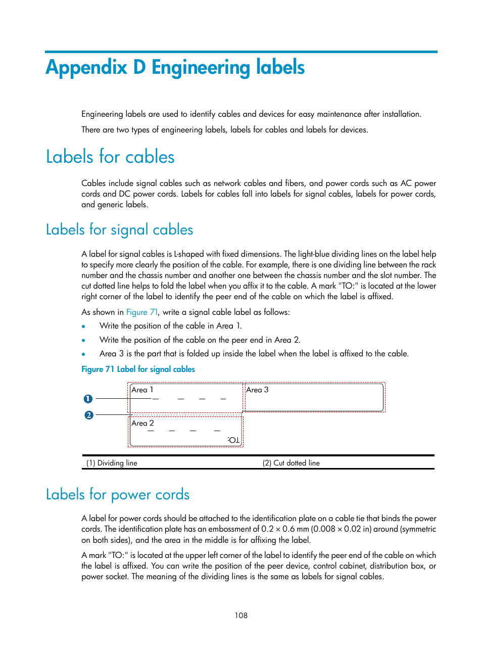 Appendix d engineering labels, Labels for cables, Labels for signal cables | Labels for power cords | H3C Technologies H3C SR8800 User Manual | Page 118 / 135