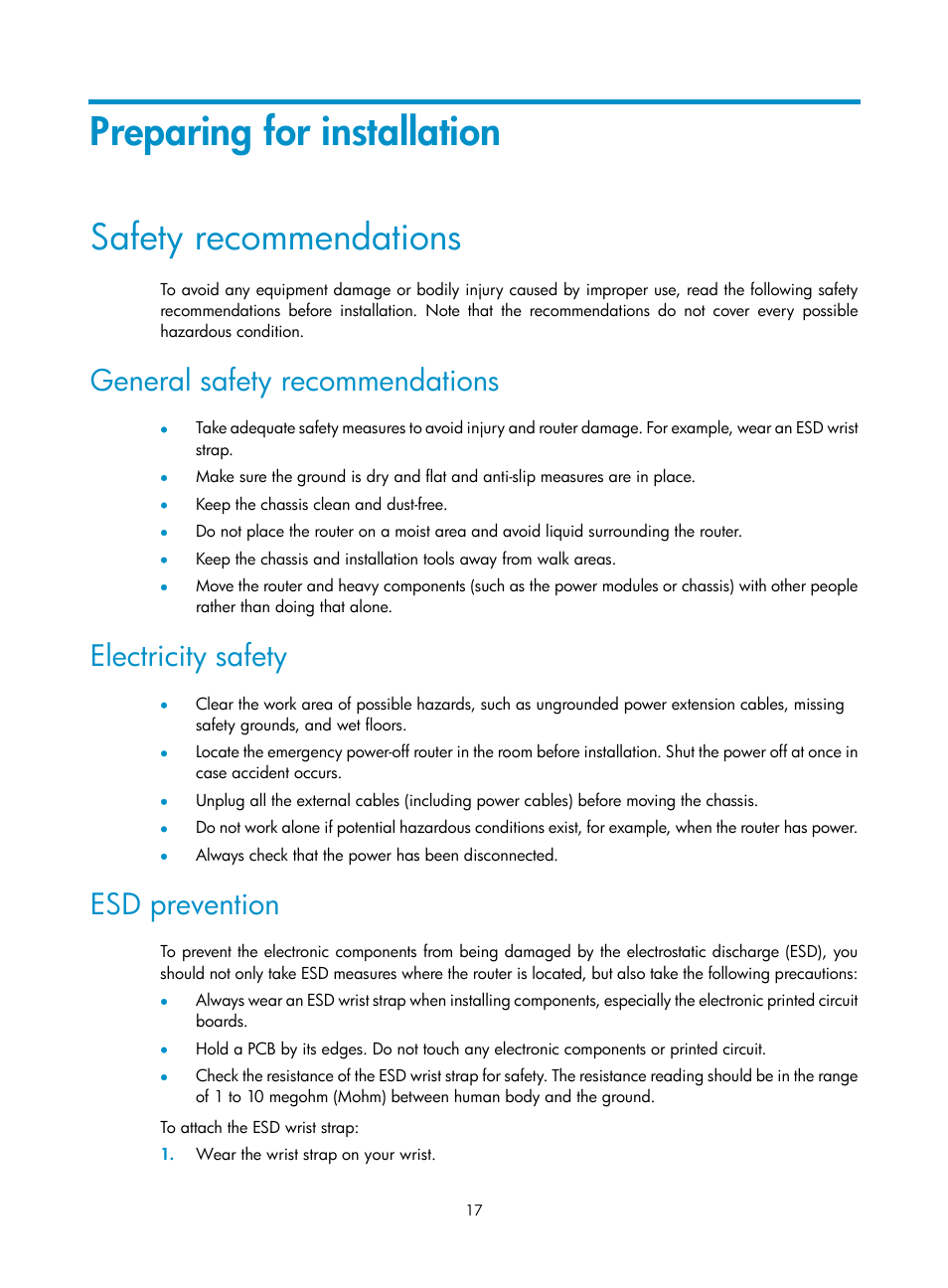 Preparing for installation, Safety recommendations, General safety recommendations | Electricity safety, Esd prevention | H3C Technologies H3C SR8800 User Manual | Page 27 / 135