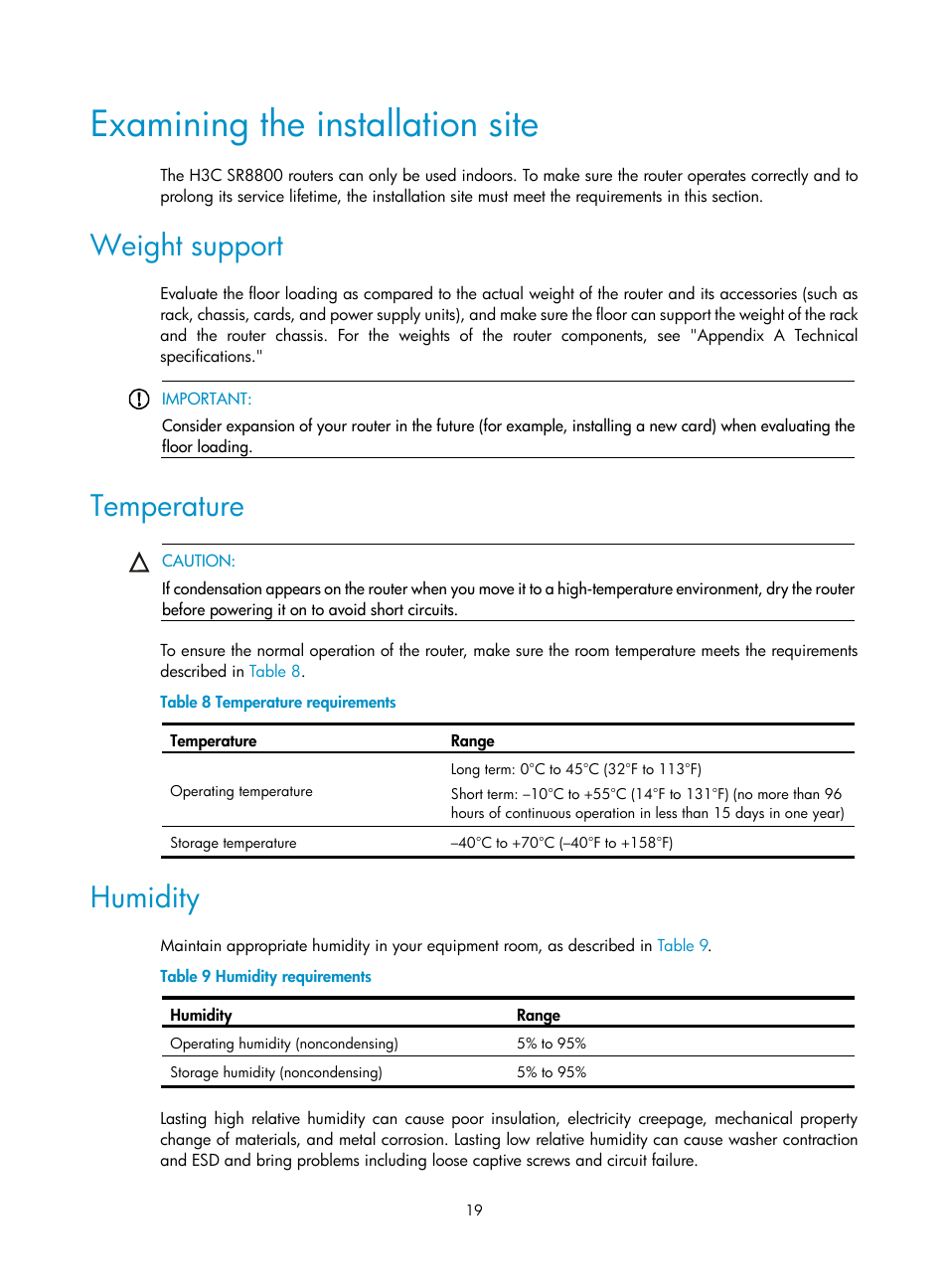 Examining the installation site, Weight support, Temperature | Humidity | H3C Technologies H3C SR8800 User Manual | Page 29 / 135