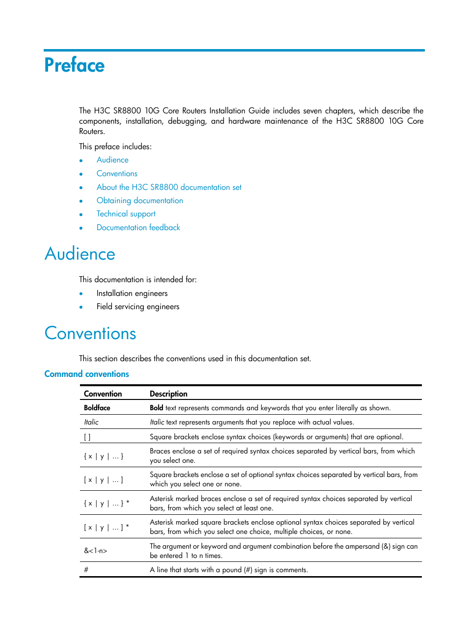 Preface, Audience, Conventions | Command conventions | H3C Technologies H3C SR8800 User Manual | Page 3 / 135