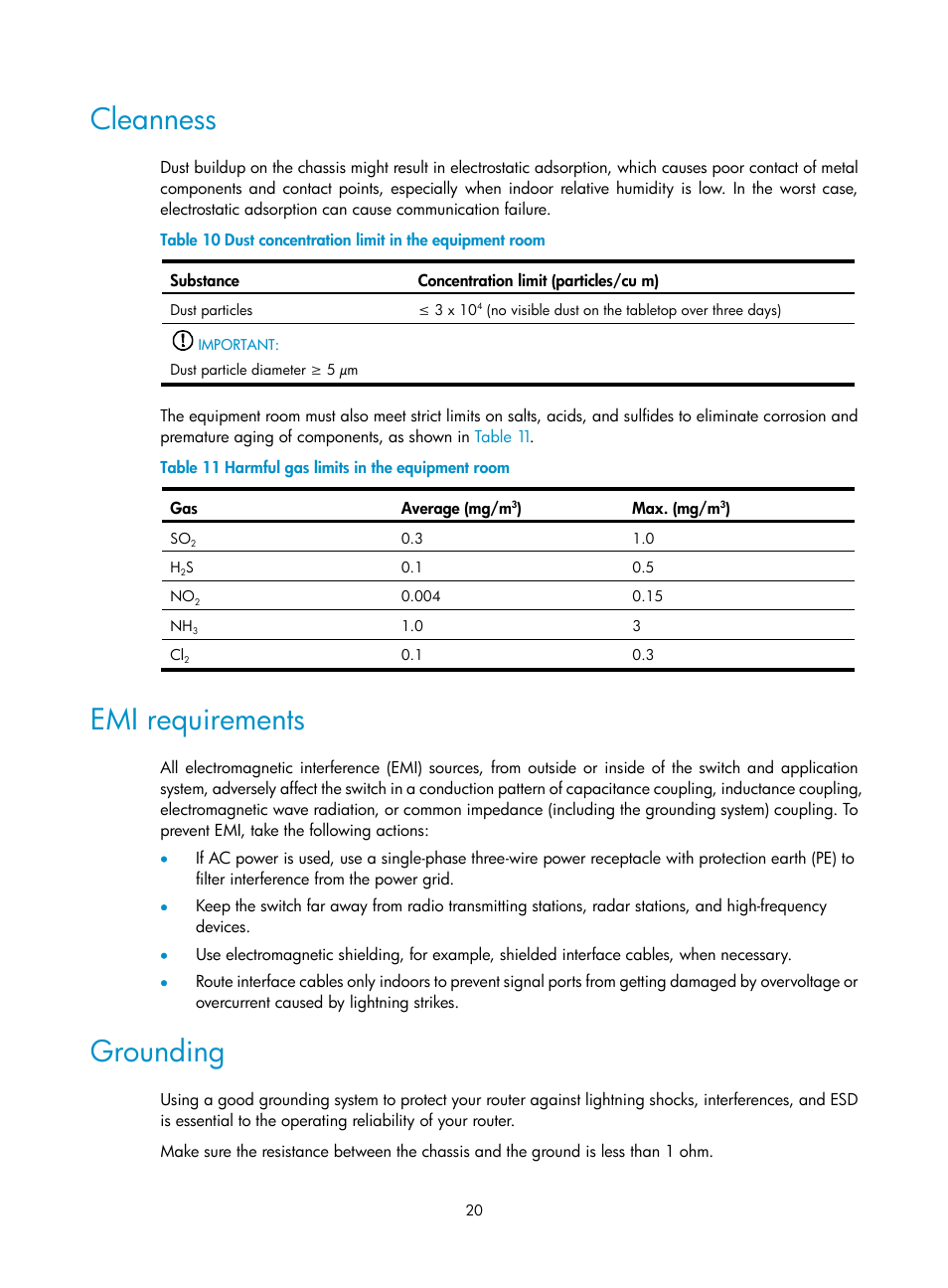 Cleanness, Emi requirements, Grounding | H3C Technologies H3C SR8800 User Manual | Page 30 / 135