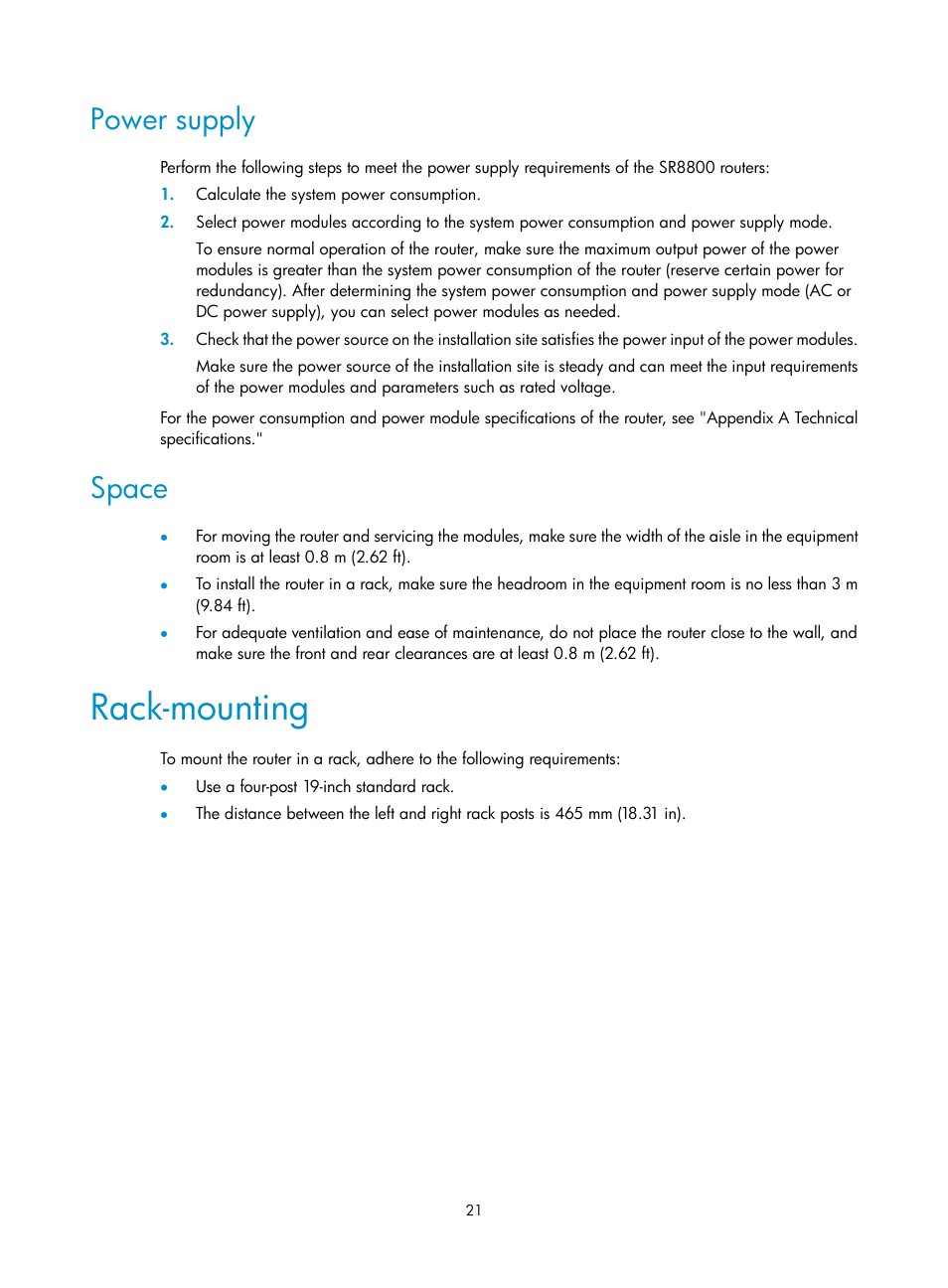 Power supply, Space, Rack-mounting | H3C Technologies H3C SR8800 User Manual | Page 31 / 135