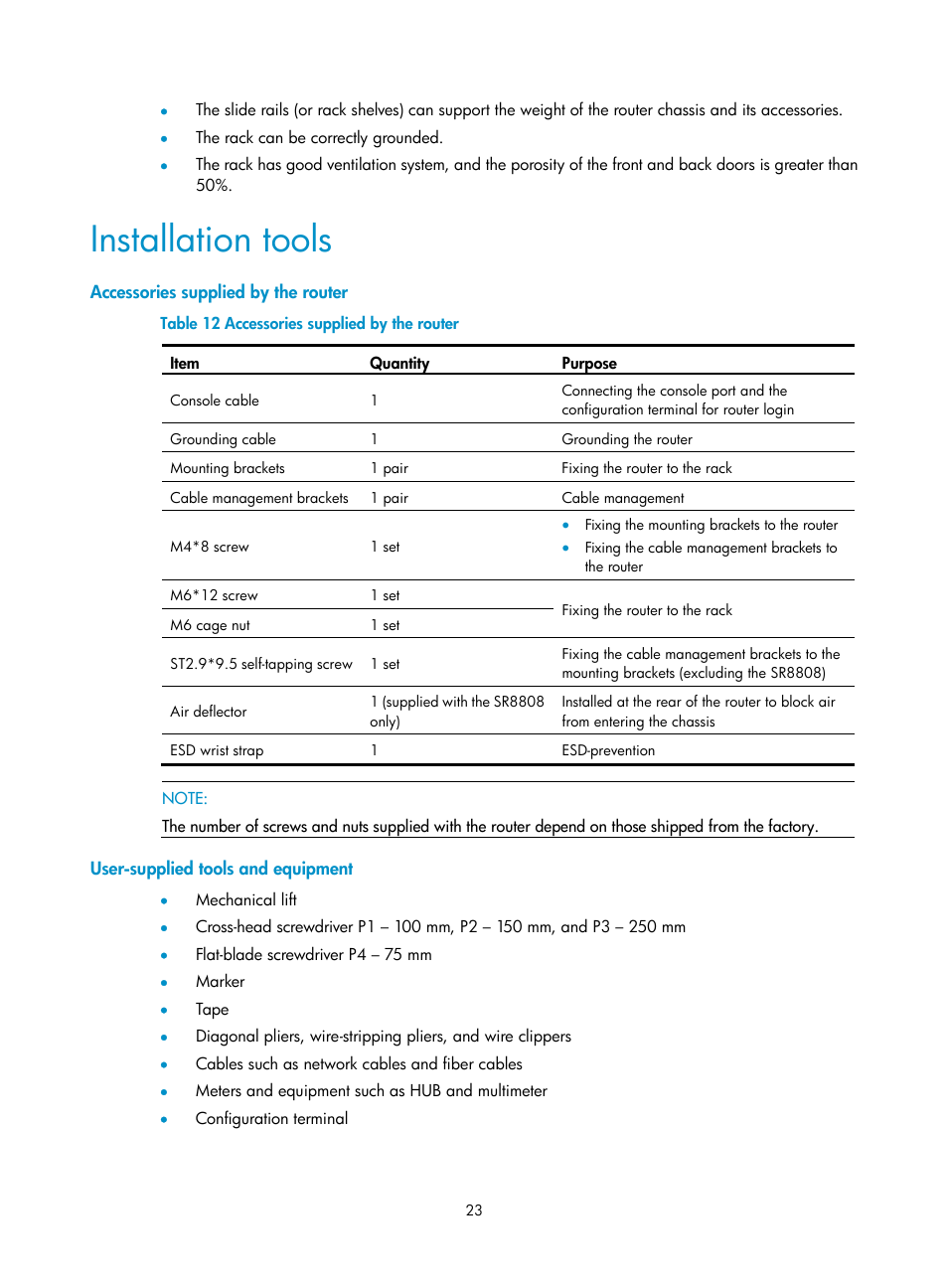 Installation tools, Accessories supplied by the router, User-supplied tools and equipment | H3C Technologies H3C SR8800 User Manual | Page 33 / 135