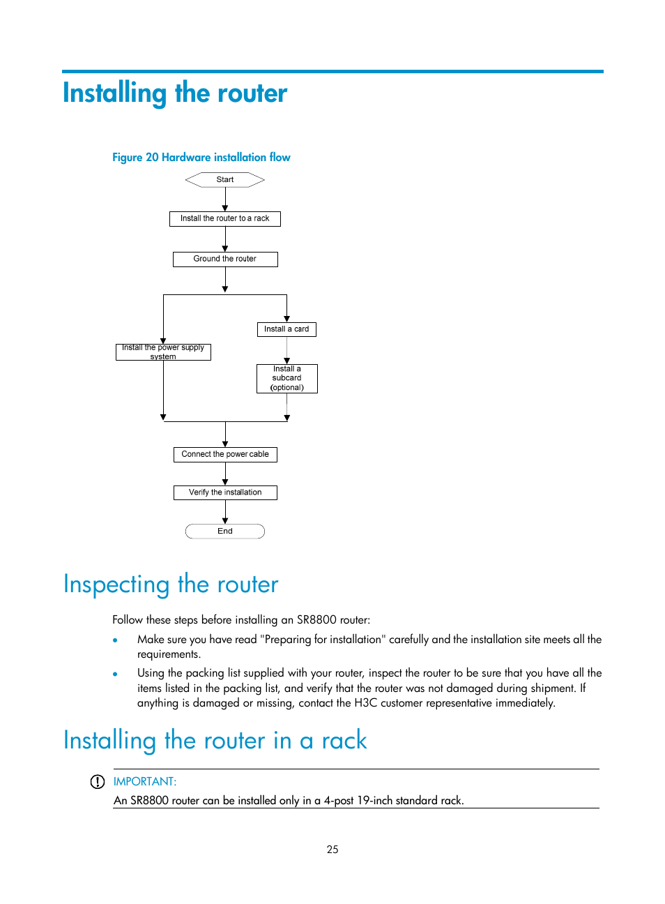 Installing the router, Inspecting the router, Installing the router in a rack | H3C Technologies H3C SR8800 User Manual | Page 35 / 135