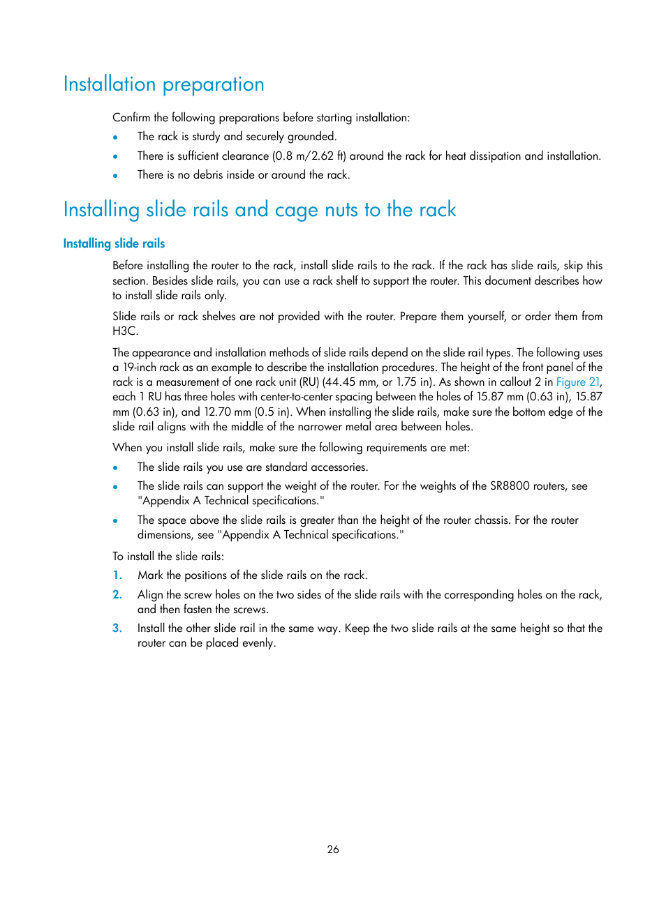 Installation preparation, Installing slide rails and cage nuts to the rack, Installing slide rails | H3C Technologies H3C SR8800 User Manual | Page 36 / 135