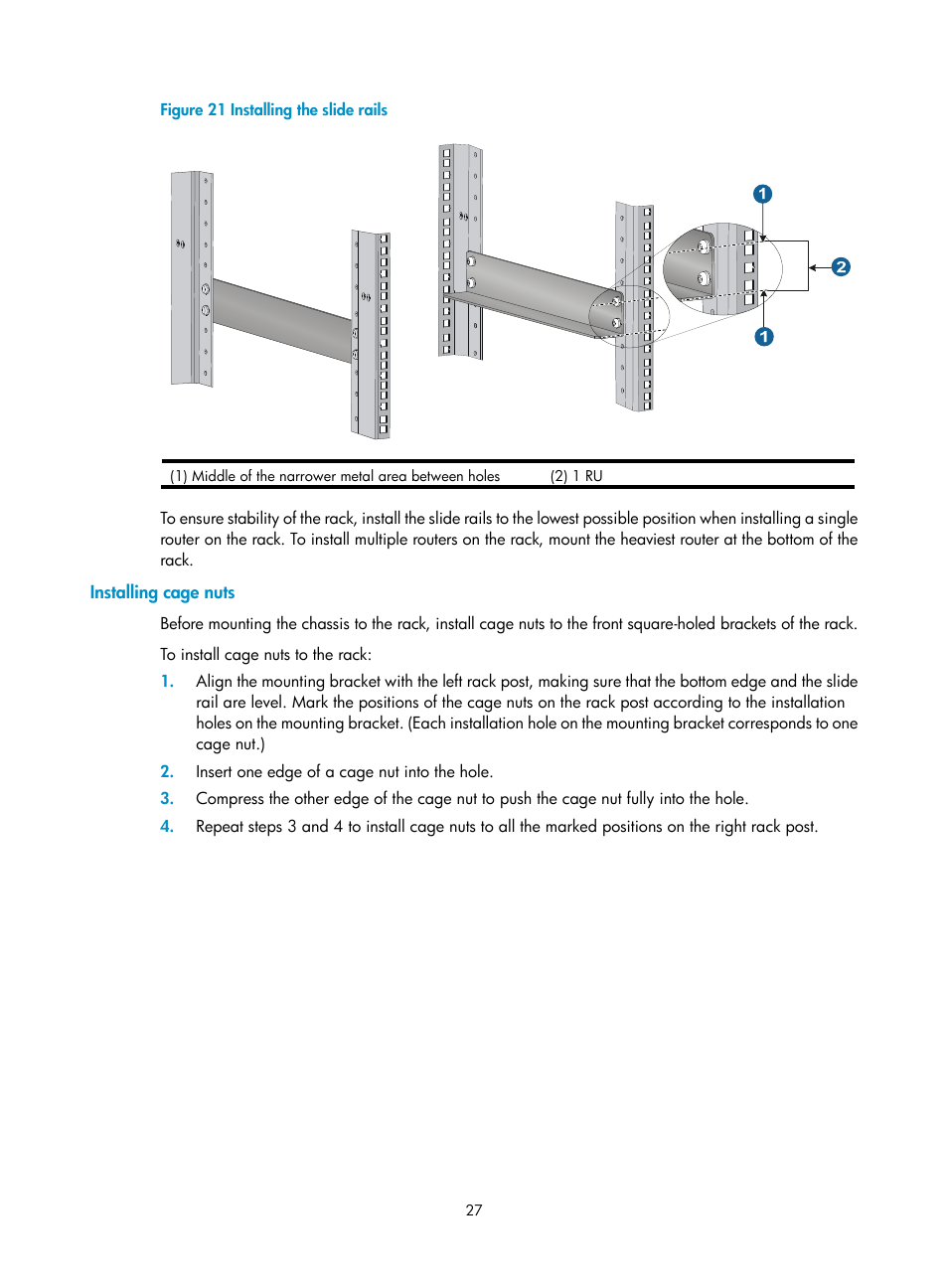 Installing cage nuts | H3C Technologies H3C SR8800 User Manual | Page 37 / 135