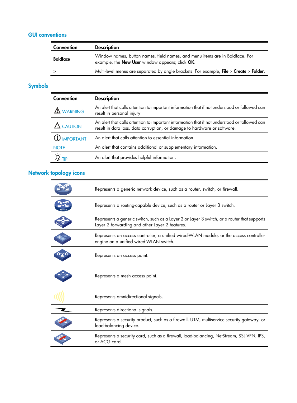 Gui conventions, Symbols, Network topology icons | H3C Technologies H3C SR8800 User Manual | Page 4 / 135