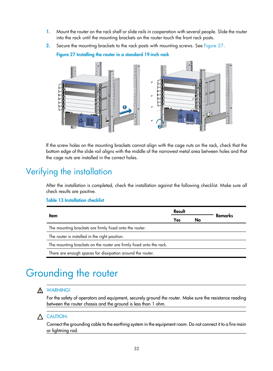 Verifying the installation, Grounding the router | H3C Technologies H3C SR8800 User Manual | Page 42 / 135